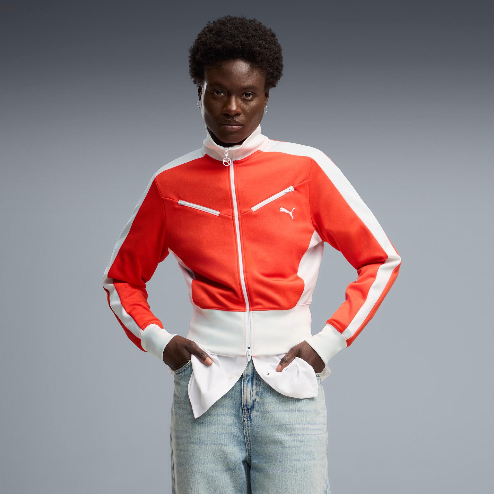 puma t7 women's retro track jacket in red, size m
