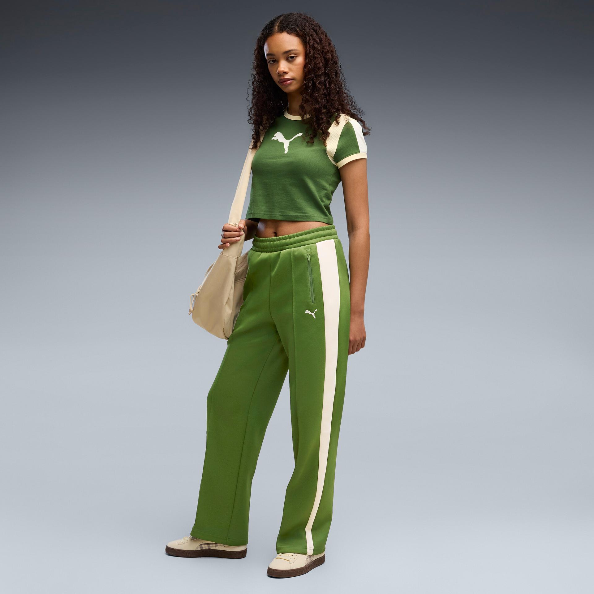 puma t7 women's straight track pants in green, size xl