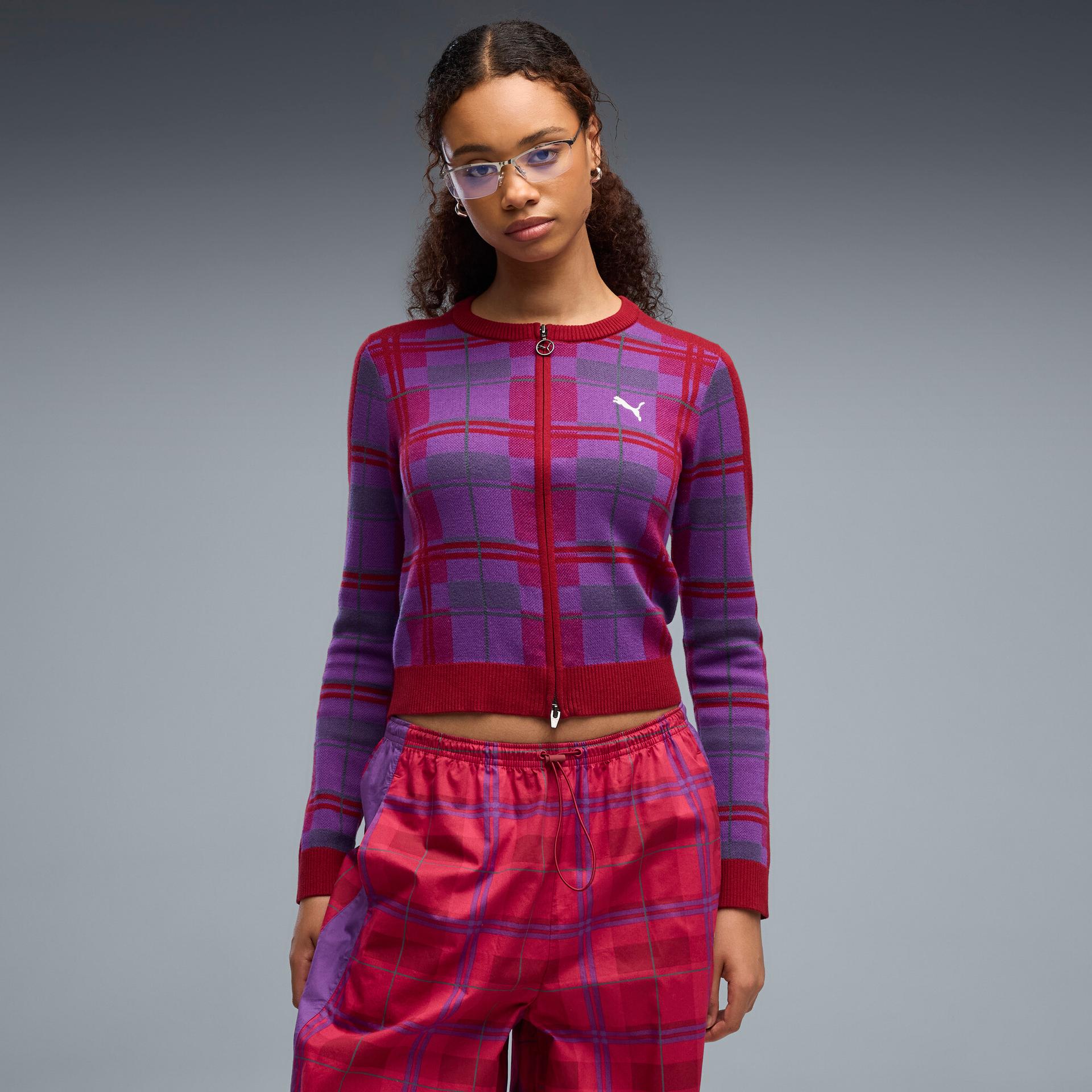 puma t7 women's tartan slim knitted cardigan in red, size s