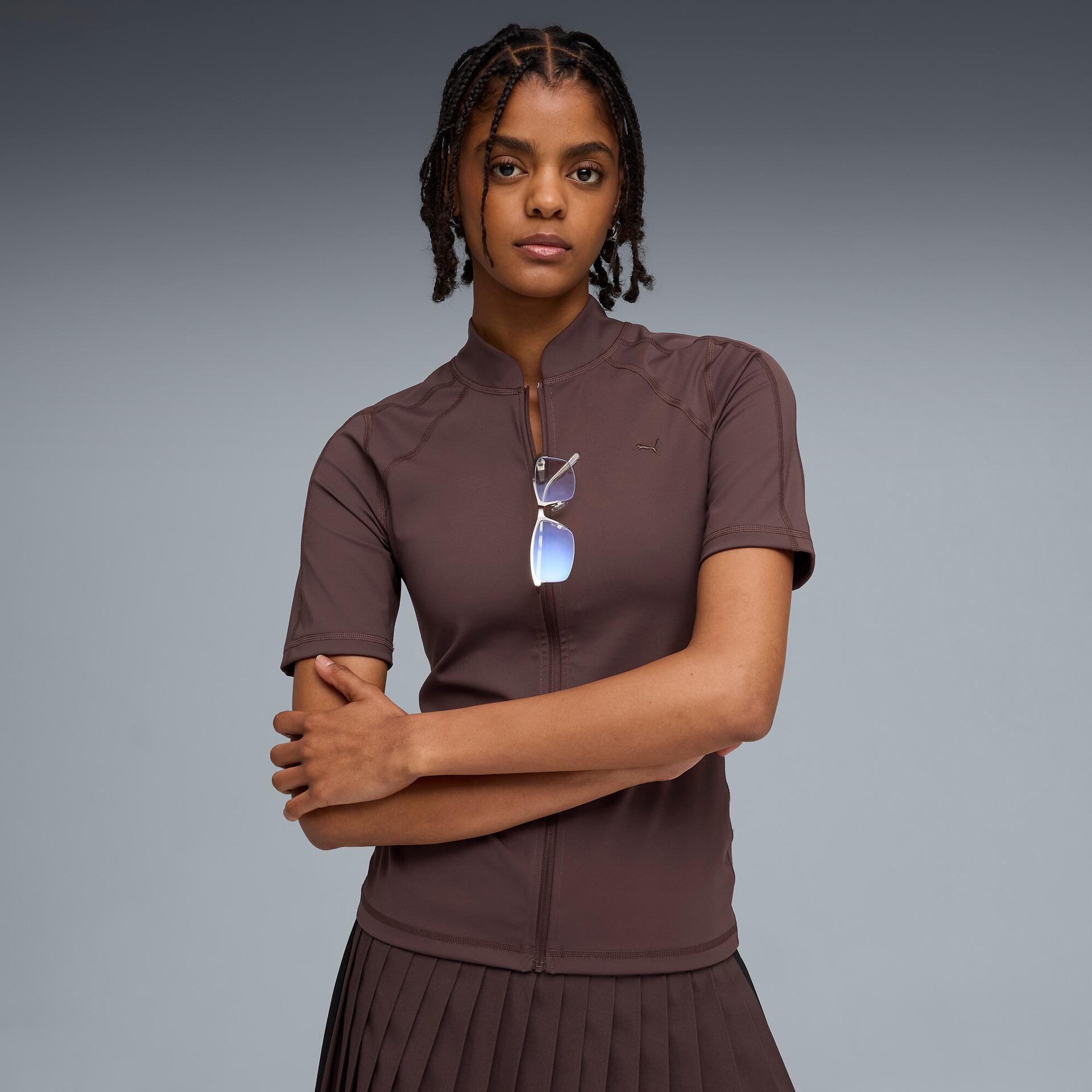 puma t7 women's zip-front top in brown, size xxs
