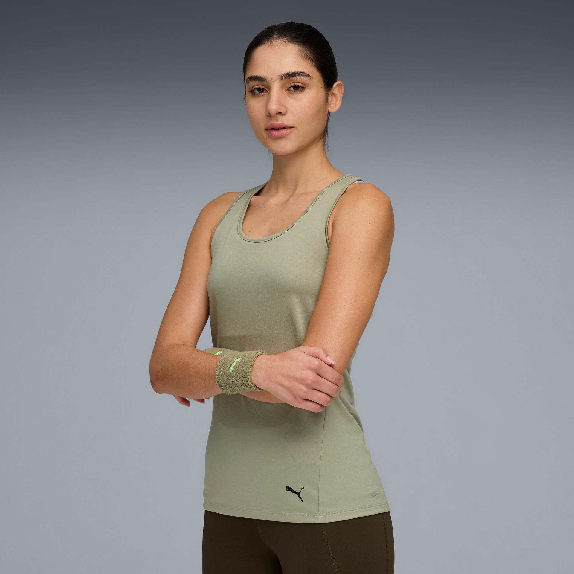 puma train all day essentials women's training racerback tank top shoes in green, size xs