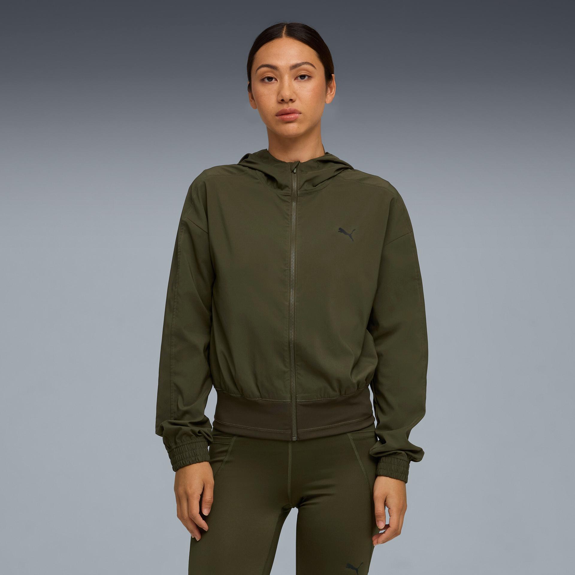 puma training favorites women's woven jacket in green, size s
