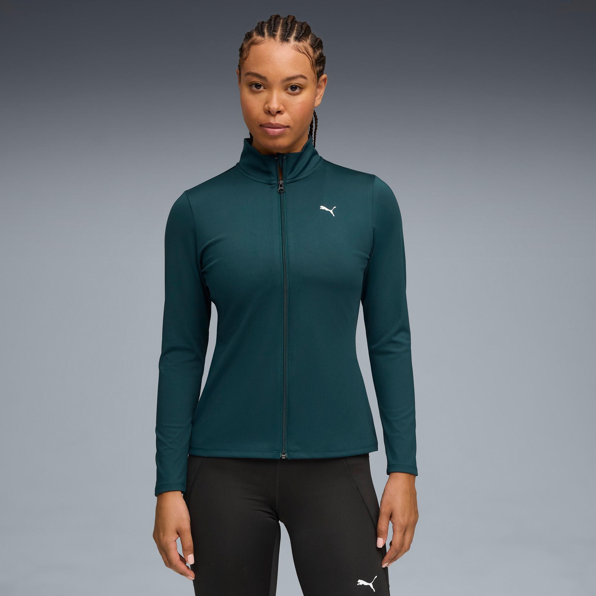 puma training strong women's zip-up jacket in green, size m
