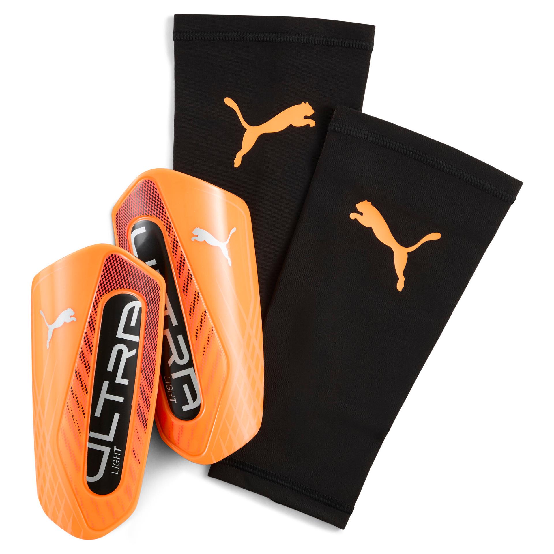 puma ultra light soccer sleeve shinguards in orange, size xl