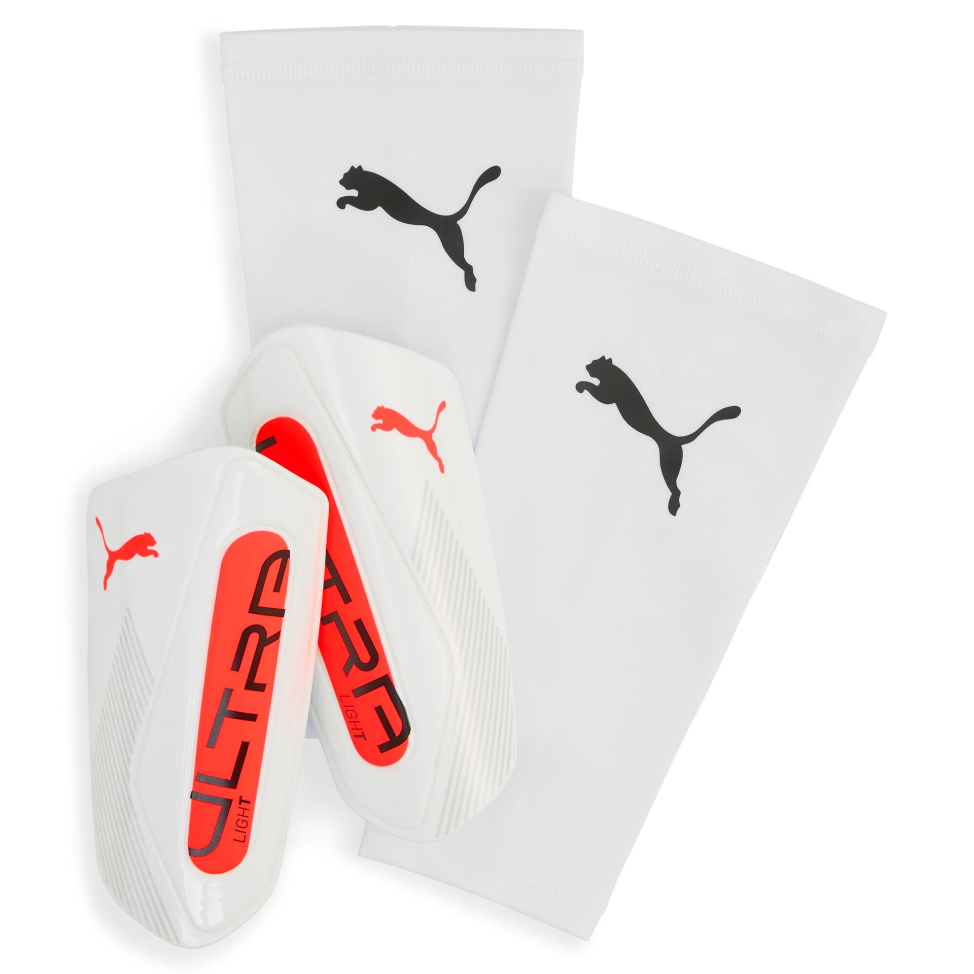 puma ultra light soccer sleeve shinguards in white, size m