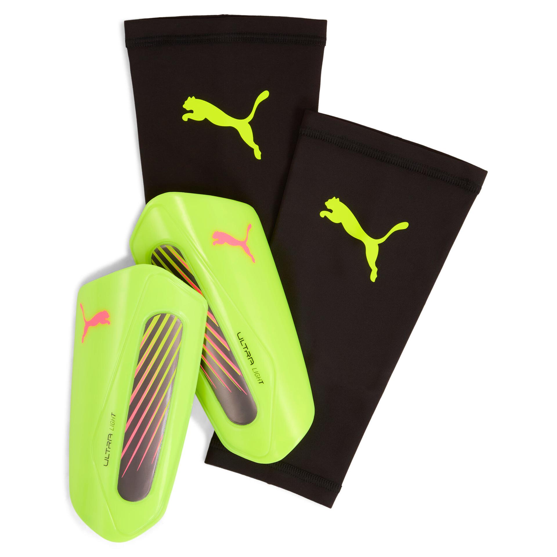 puma ultra light soccer sleeve shinguards in yellow, size m
