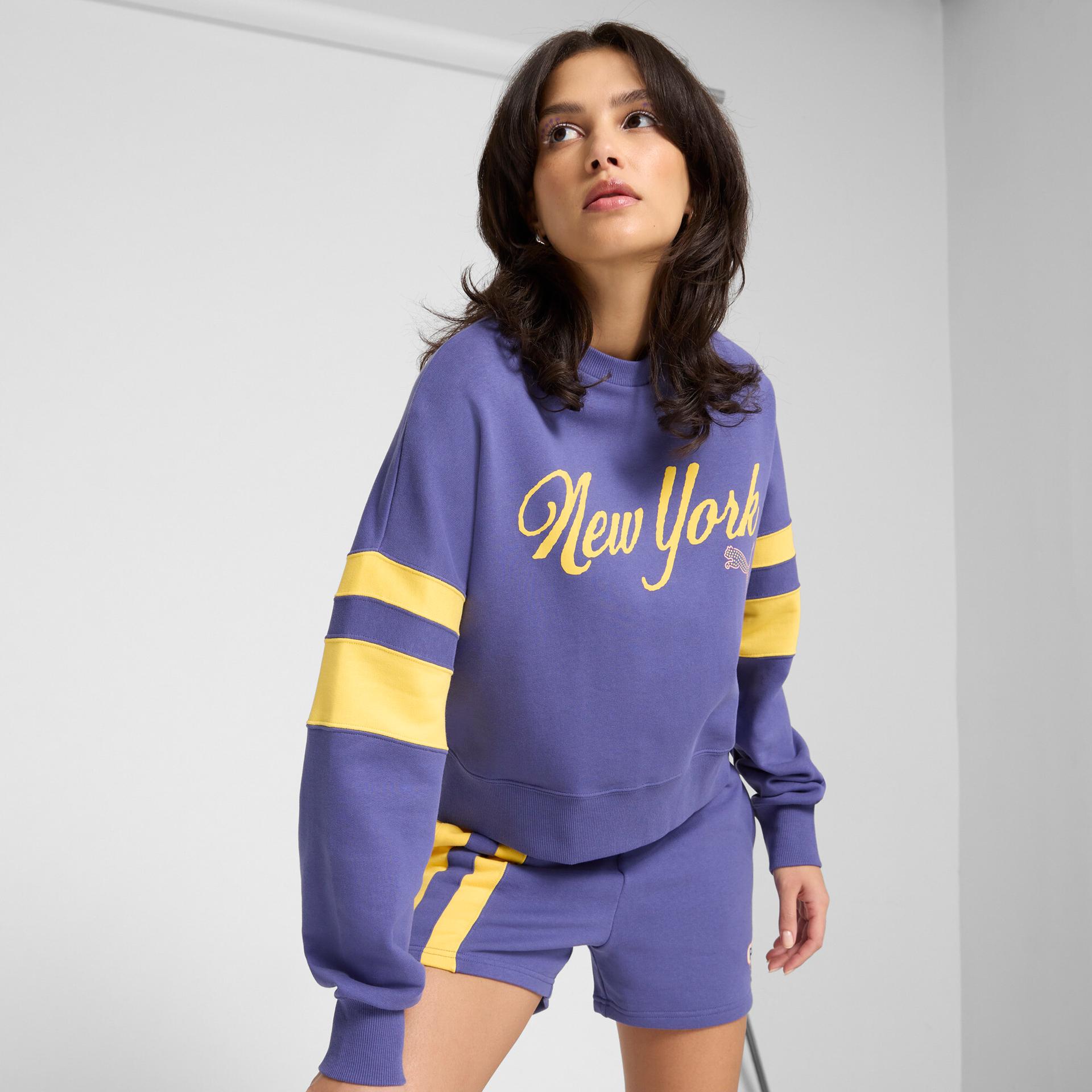 puma wardrobe essentials bright lights nyc flagship women's crew sweatshirt in blue, size xl