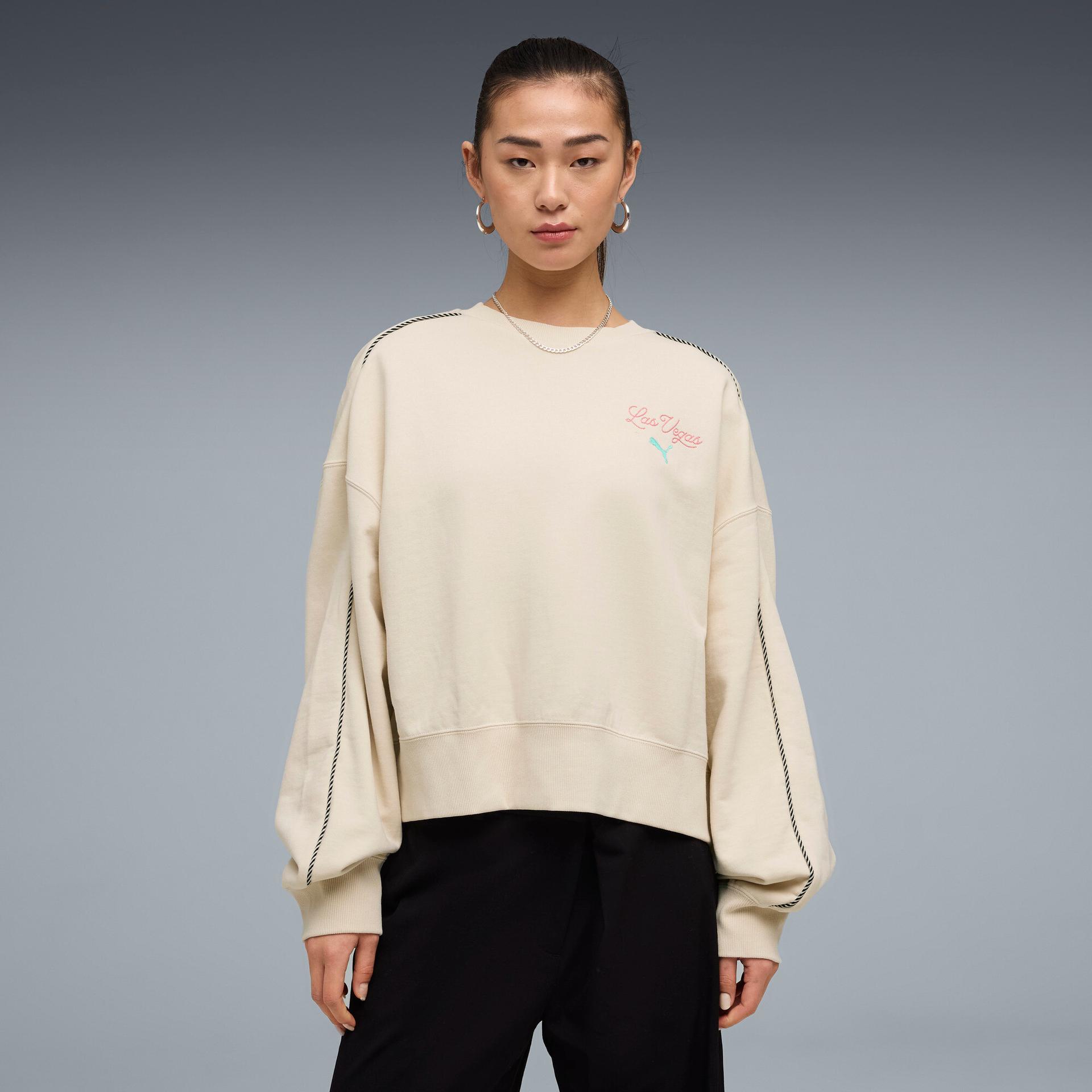 puma wardrobe essentials las vegas women's boxy sweatshirt in white, size l