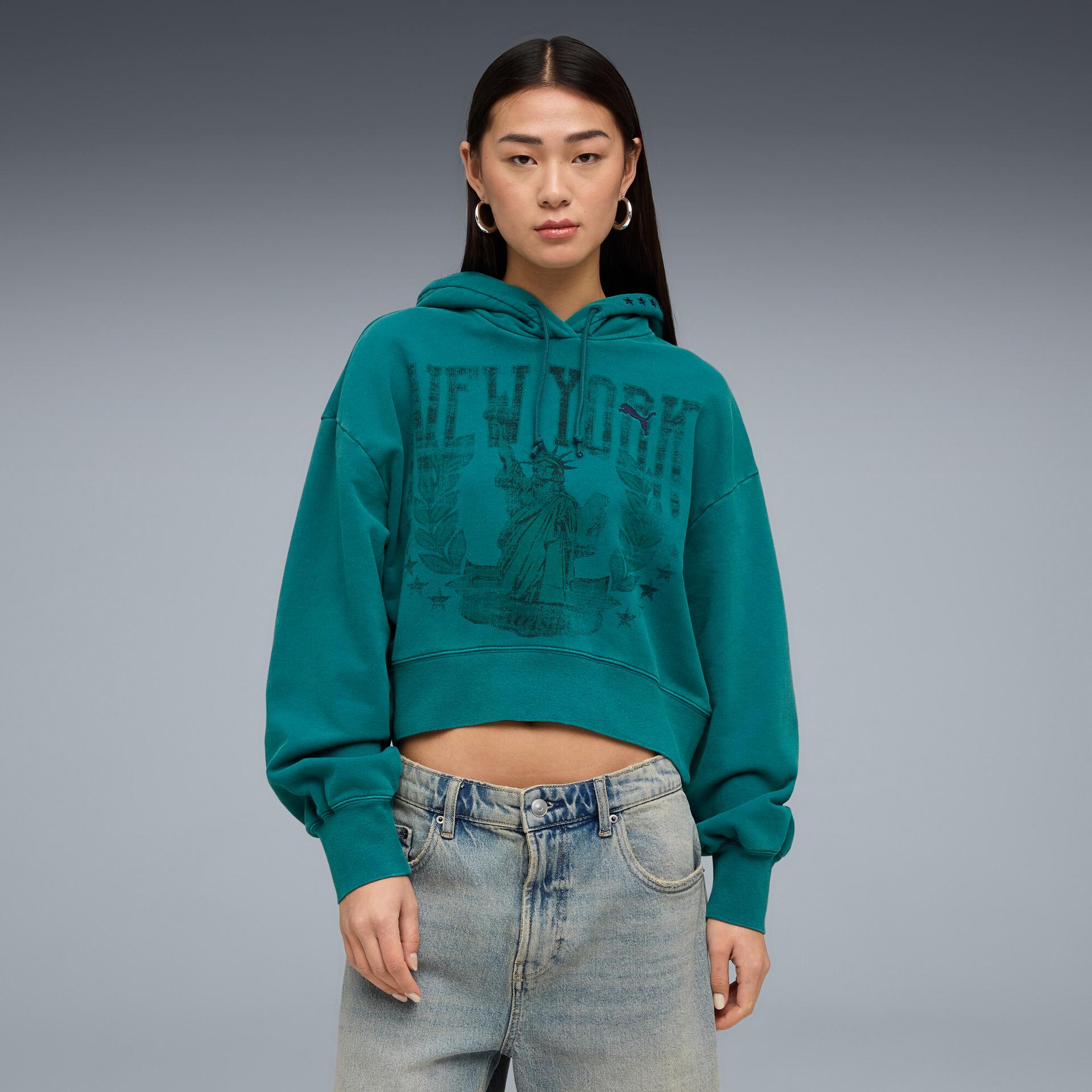 puma wardrobe essentials nyc women's hoodie in green, size xxs