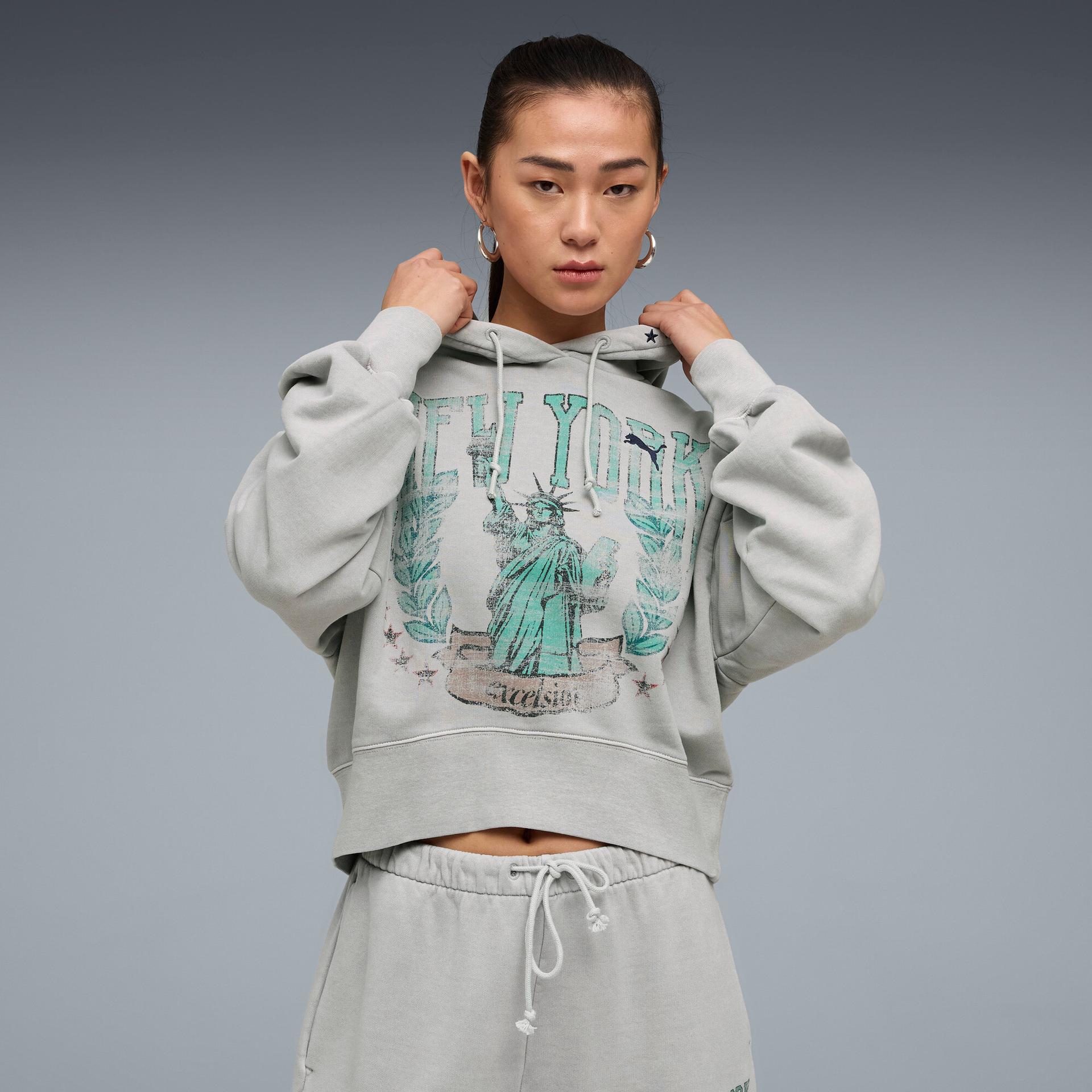 puma wardrobe essentials nyc women's hoodie in grey, size l