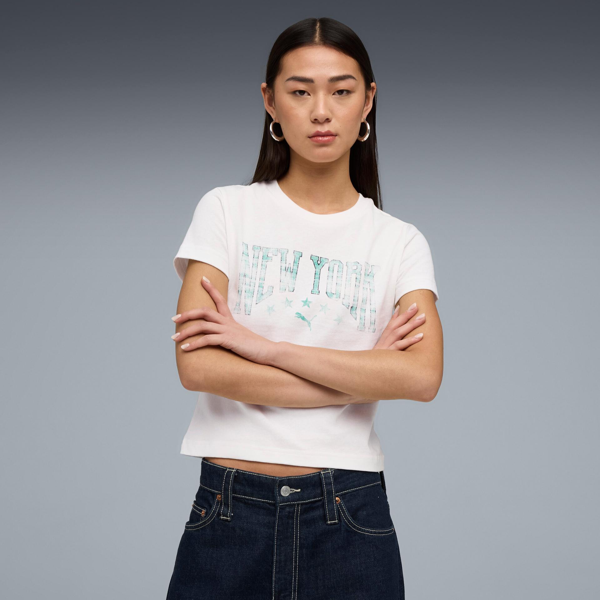 puma wardrobe essentials nyc women's slim t-shirt in white, size xl