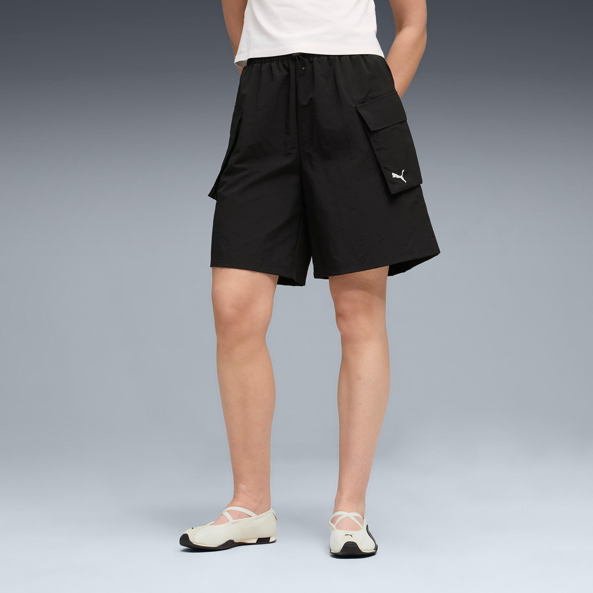 puma wardrobe essentials women's 8" cargo shorts in black, size s