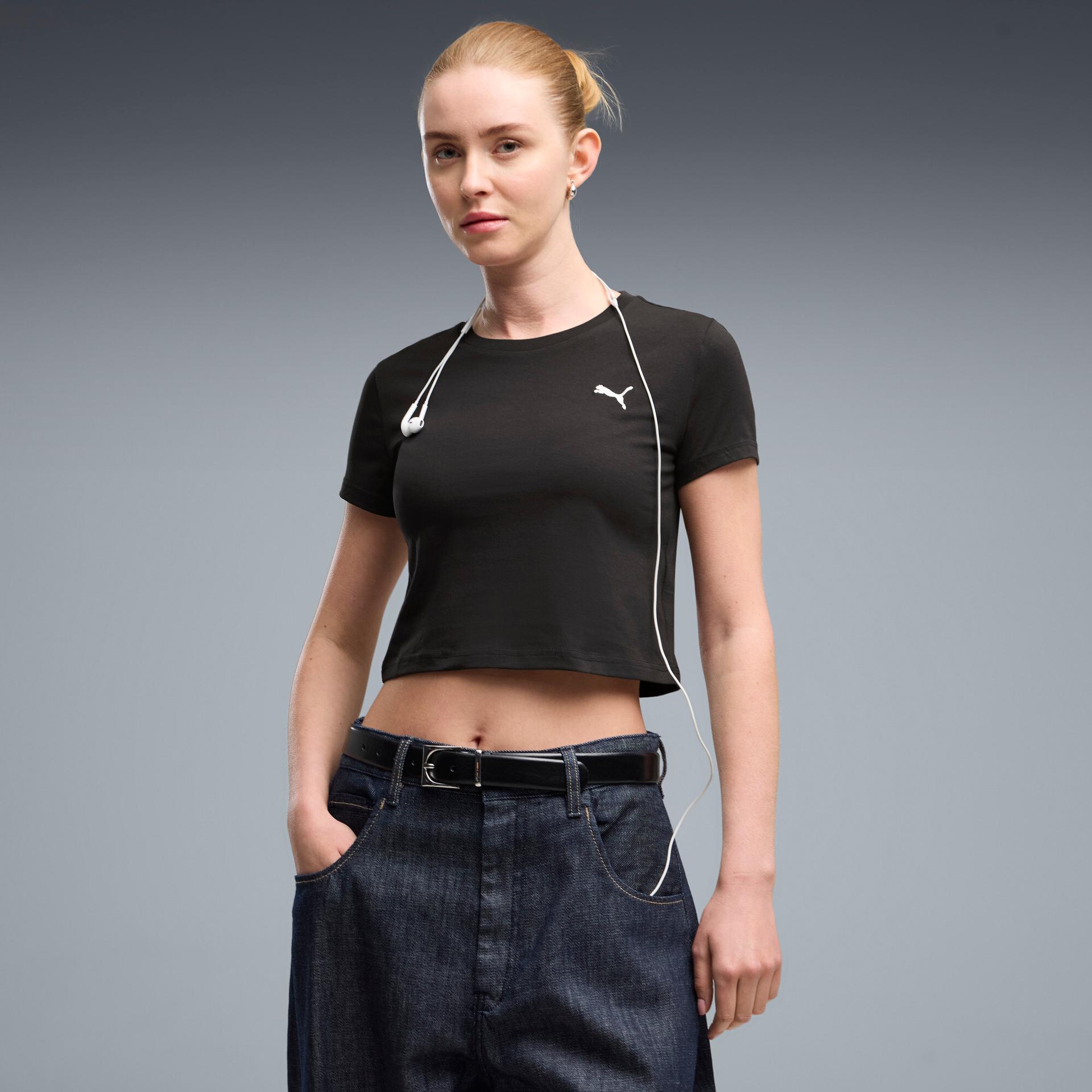 puma wardrobe essentials women's baby t-shirt in black, size xs