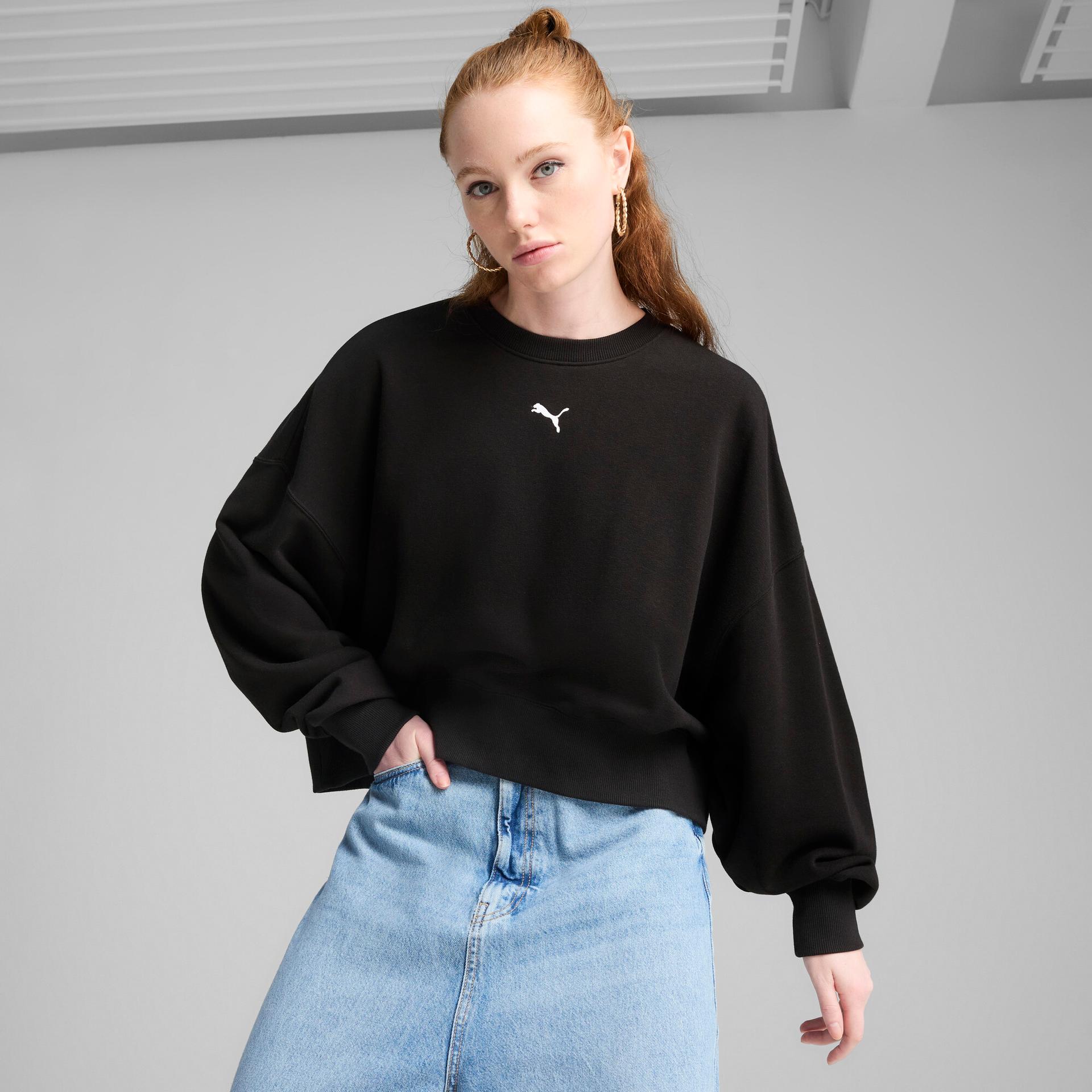 puma wardrobe essentials women's oversized crew neck sweatshirt in black, size xl