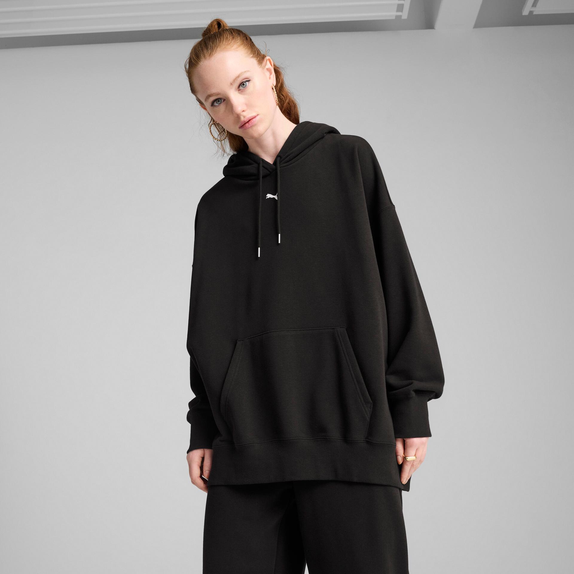 puma wardrobe essentials women's oversized hoodie in black, size m