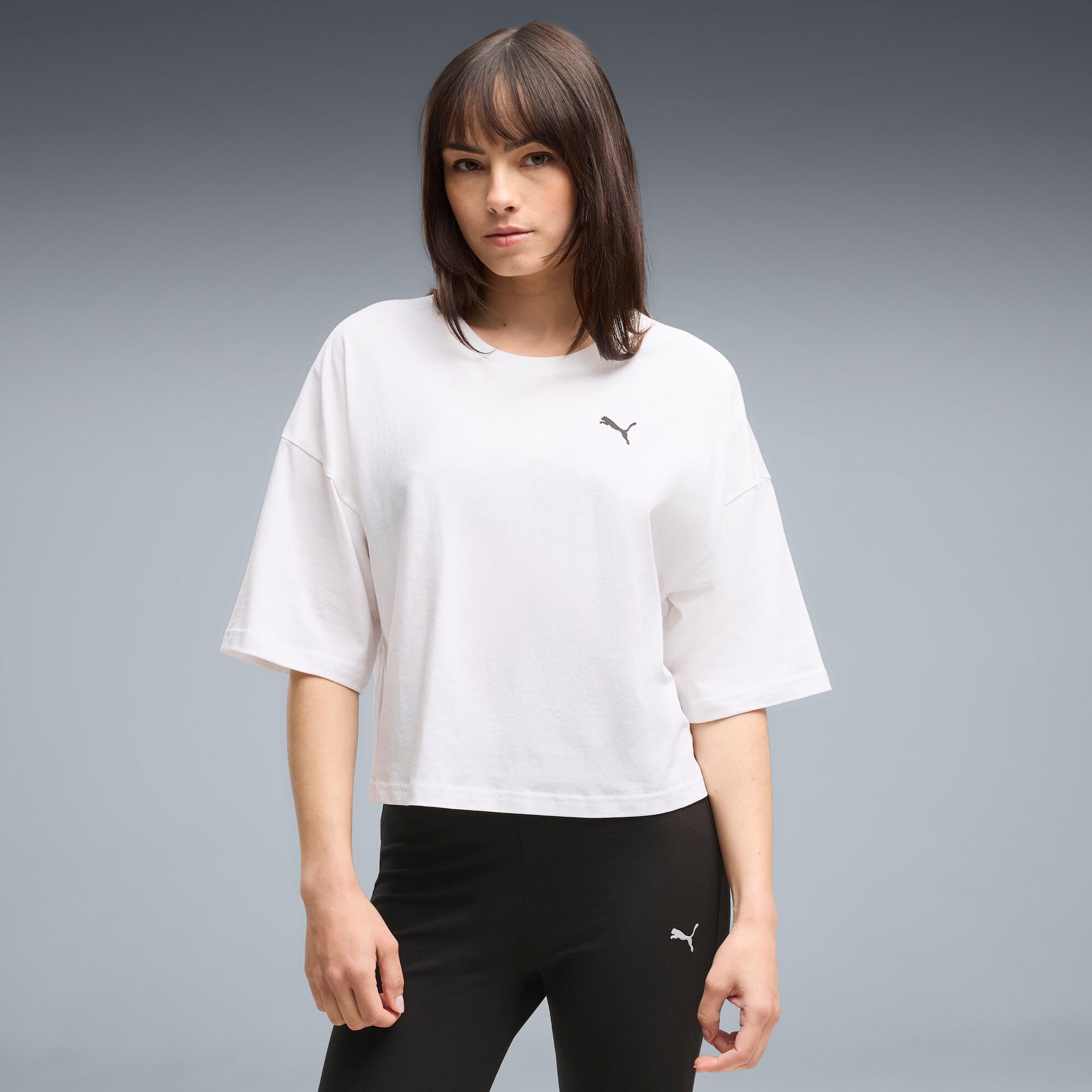 puma wardrobe essentials women's oversized short t-shirt in white, size xl
