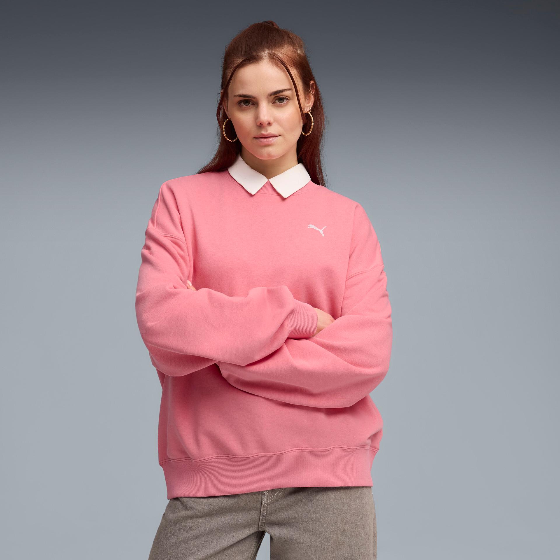 puma wardrobe essentials women's oversized sweatshirt in pink, size m