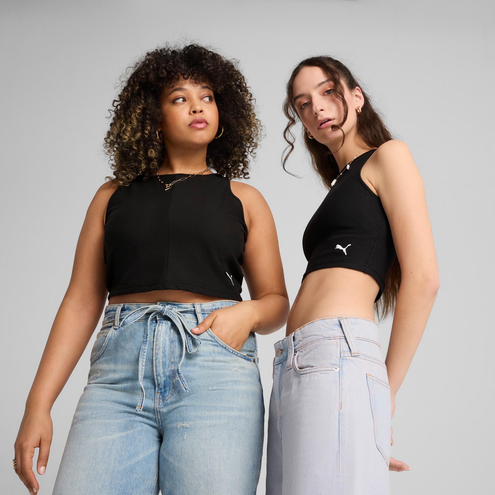 puma wardrobe essentials women's ribbed crop top in black, size m