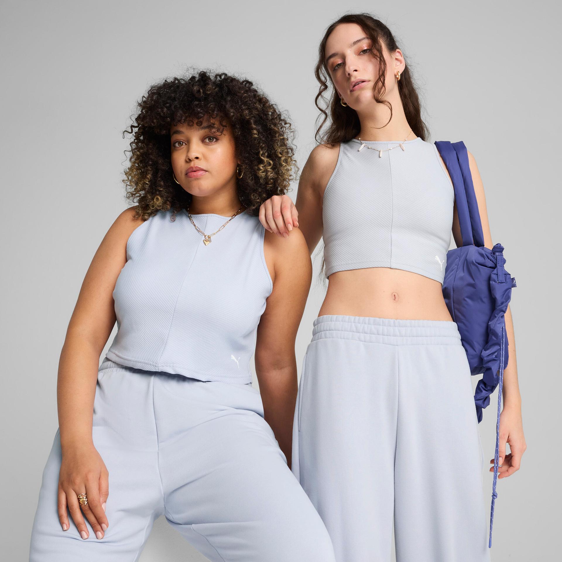 puma wardrobe essentials women's ribbed crop top in blue, size xxl