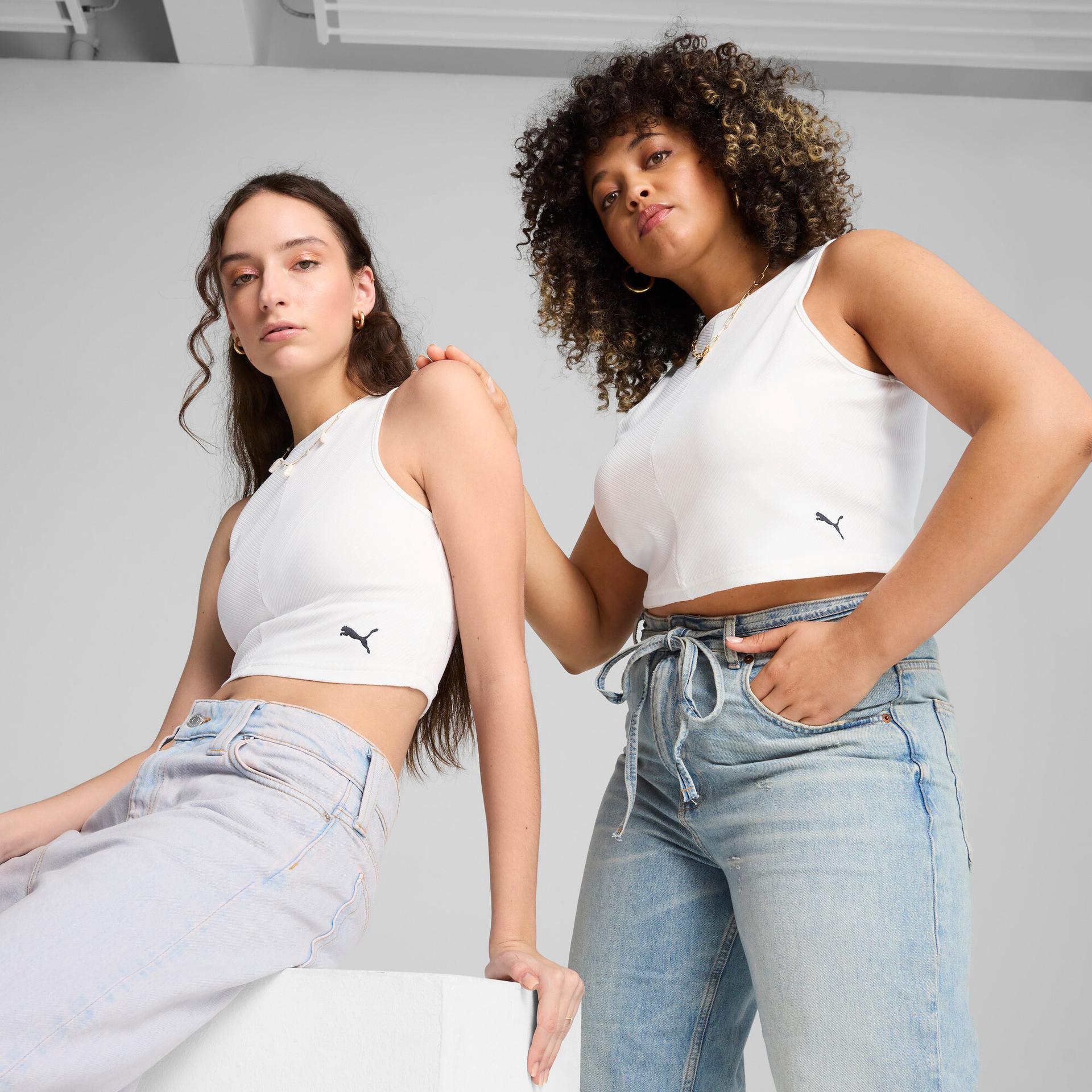 puma wardrobe essentials women's ribbed crop top in white, size m