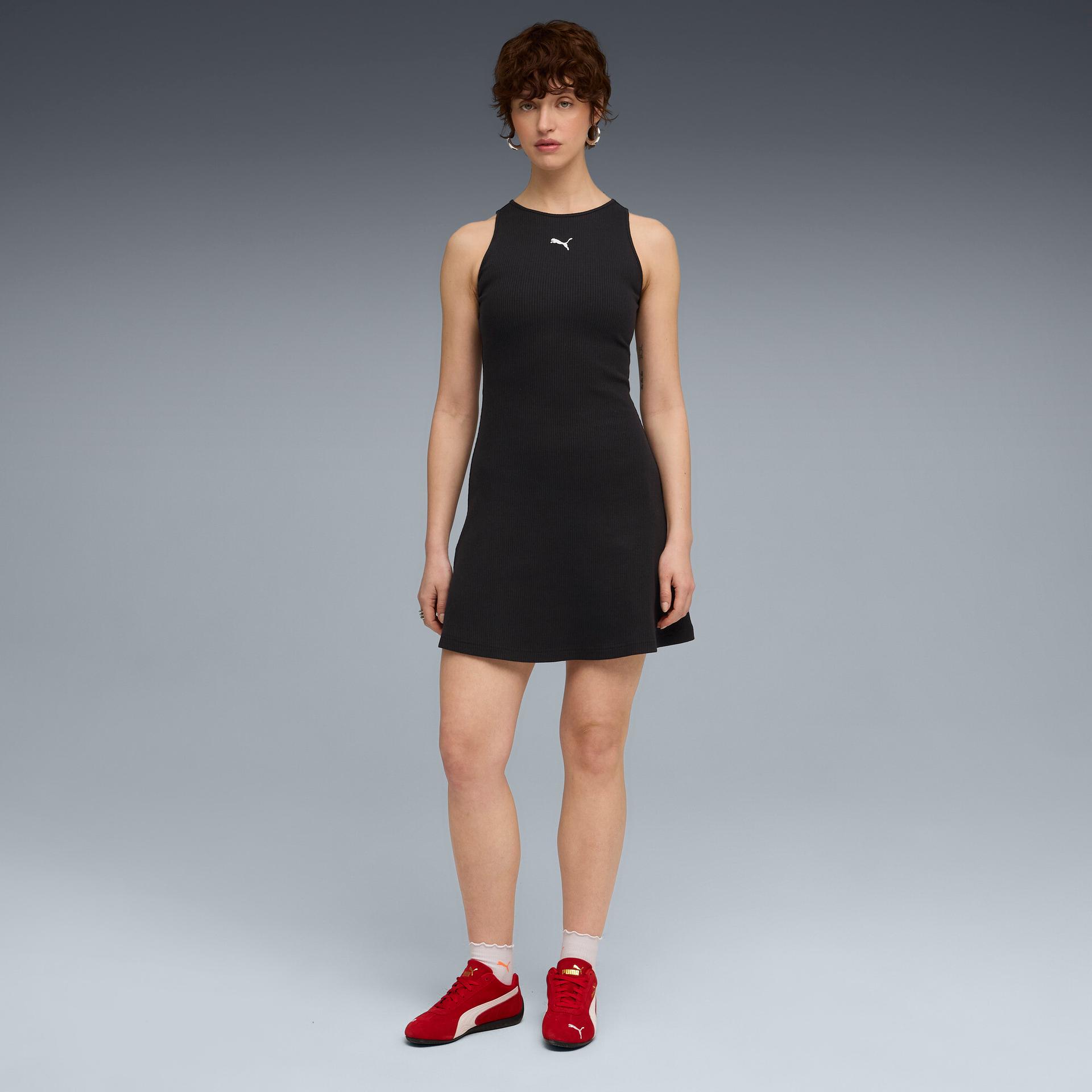 puma wardrobe essentials women's ribbed dress in black, size l