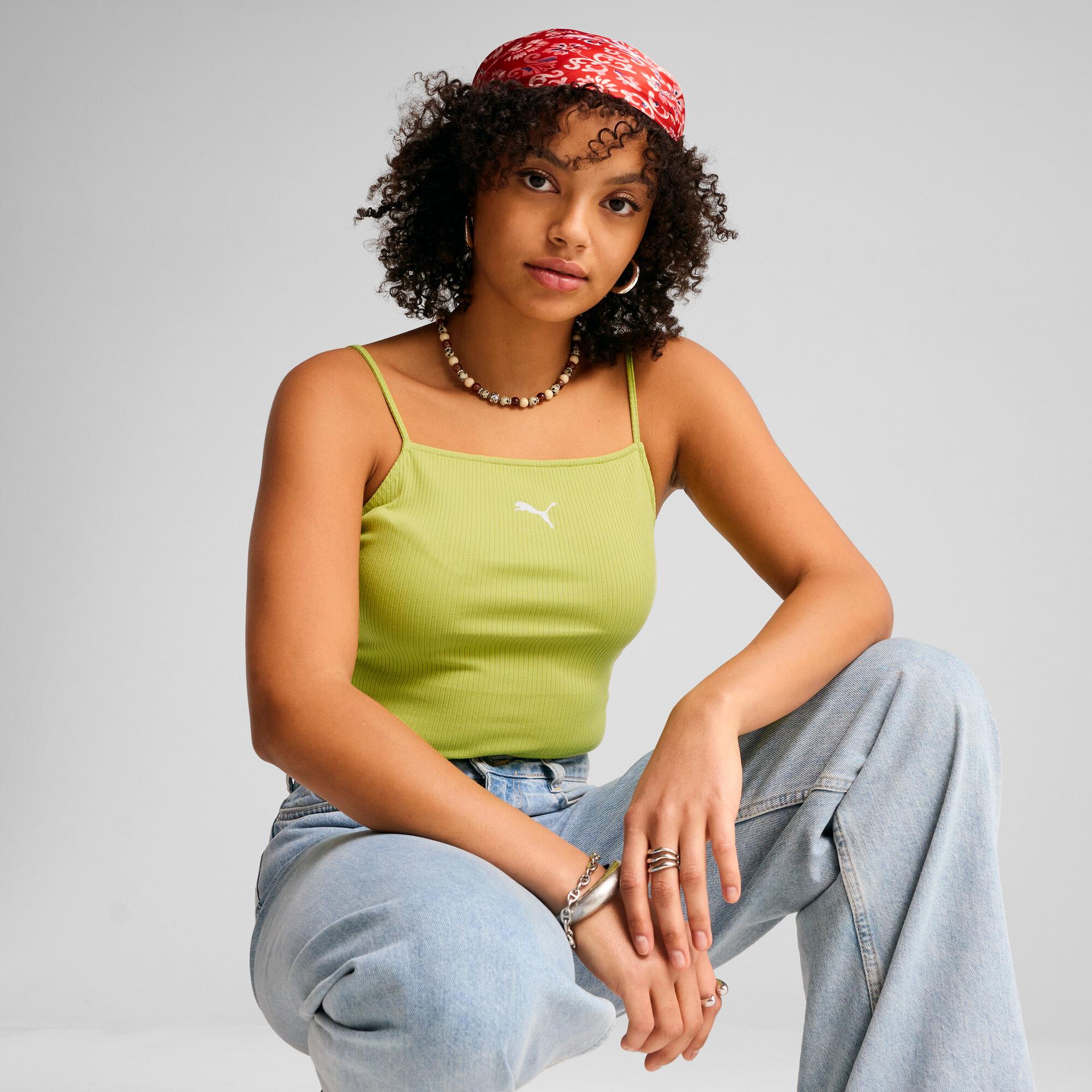 puma wardrobe essentials women's ribbed tank top in green, size s