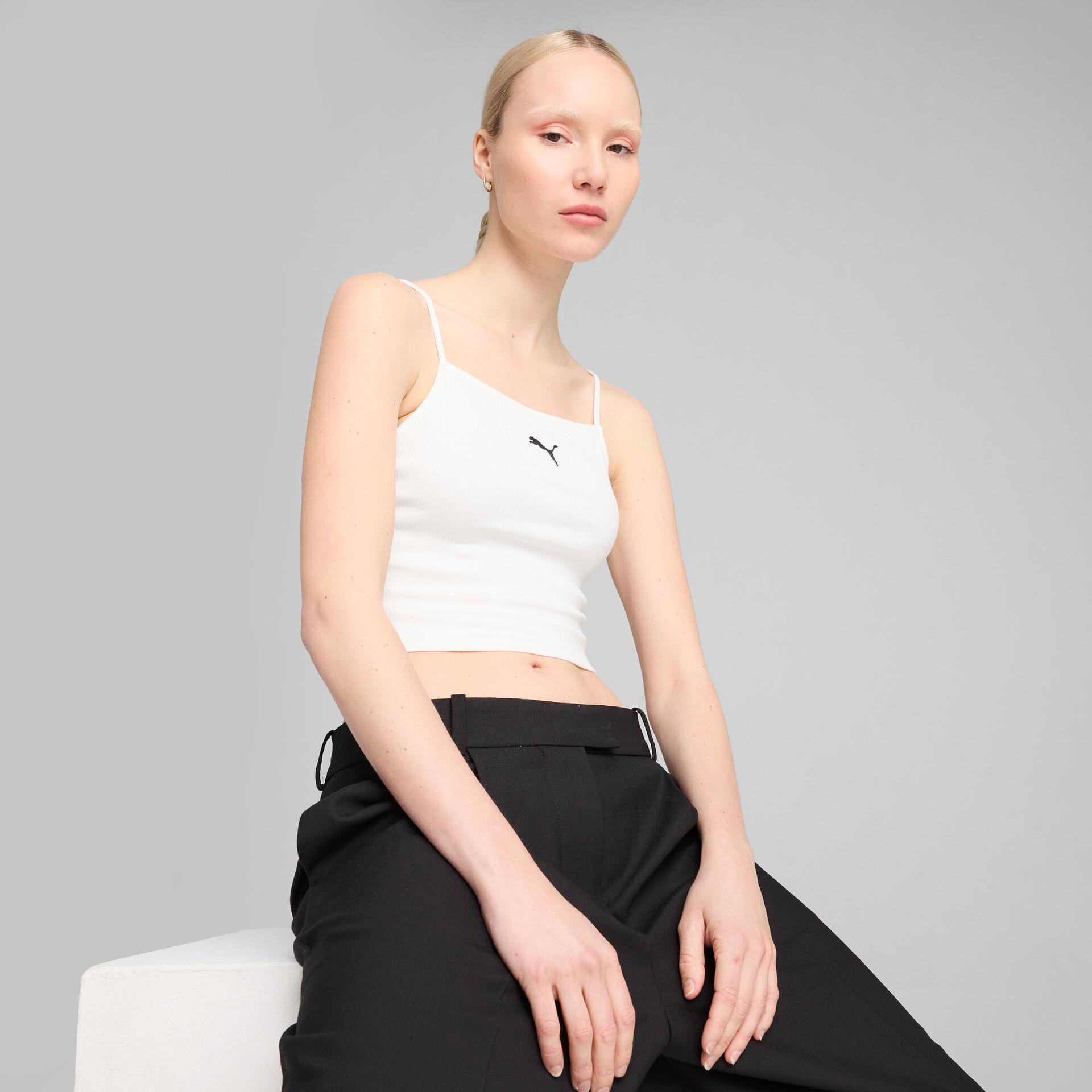 puma wardrobe essentials women's ribbed tank top in white, size l