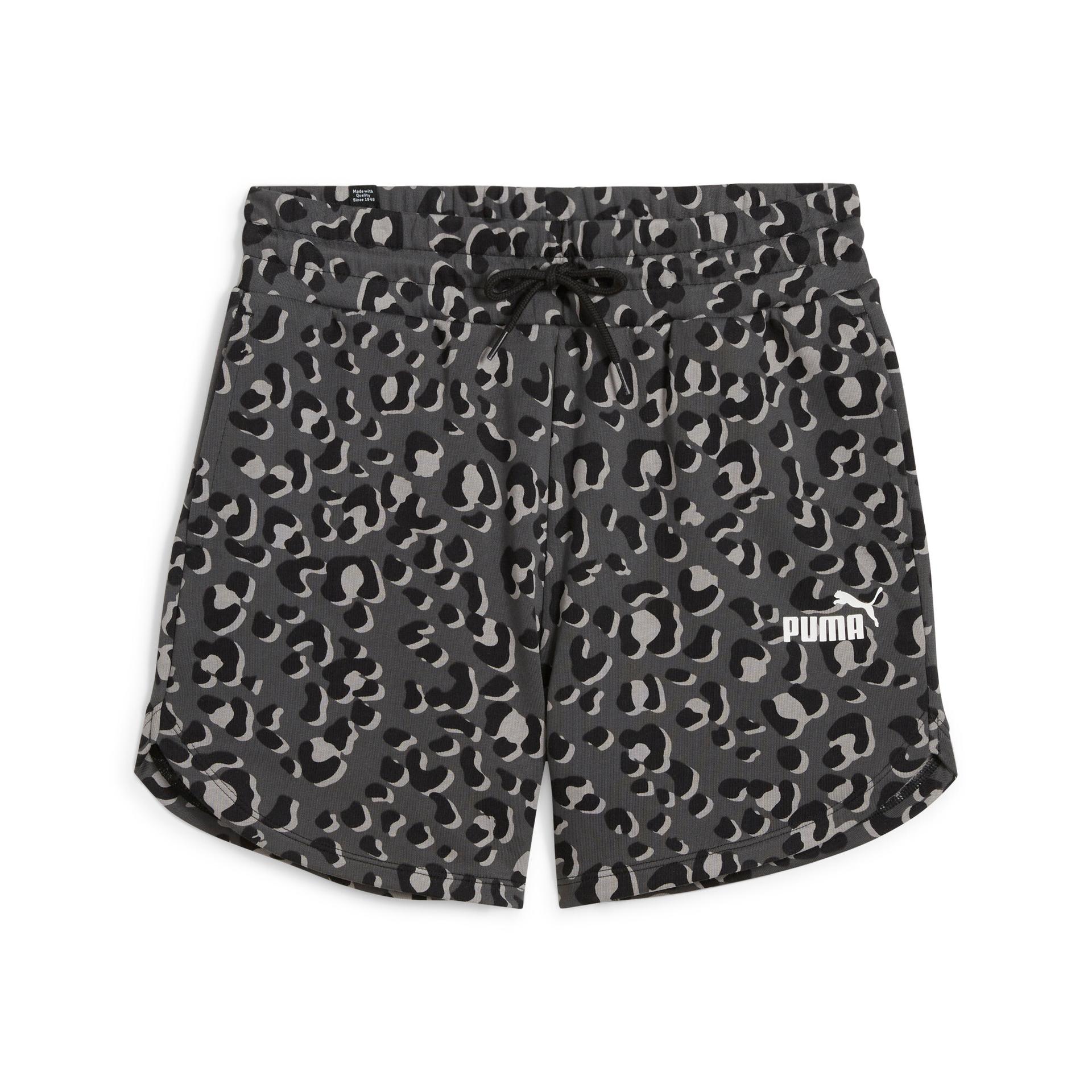 puma women's ess+ animal aop shorts in black, size xl
