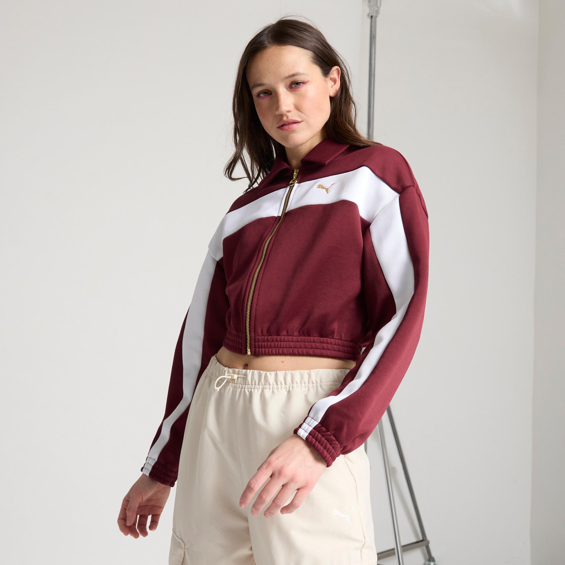 puma women's relaxed crop track jacket in red, size xs