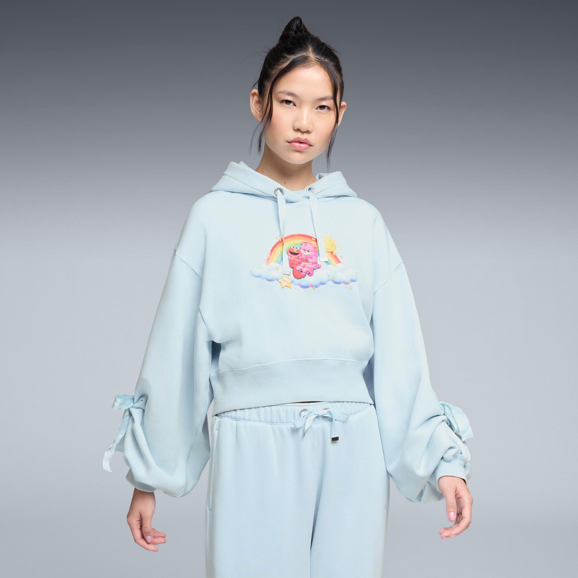 puma x care bears x sesame street women's relaxed fleece hoodie in blue, size xl