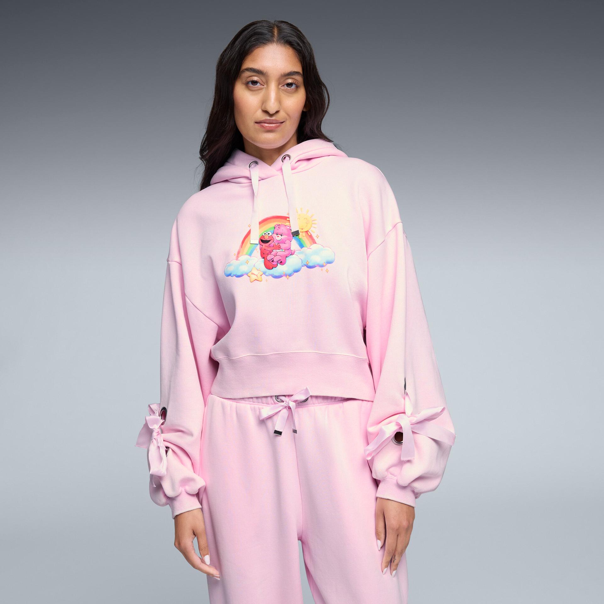 puma x care bears x sesame street women's relaxed fleece hoodie in pink, size xs