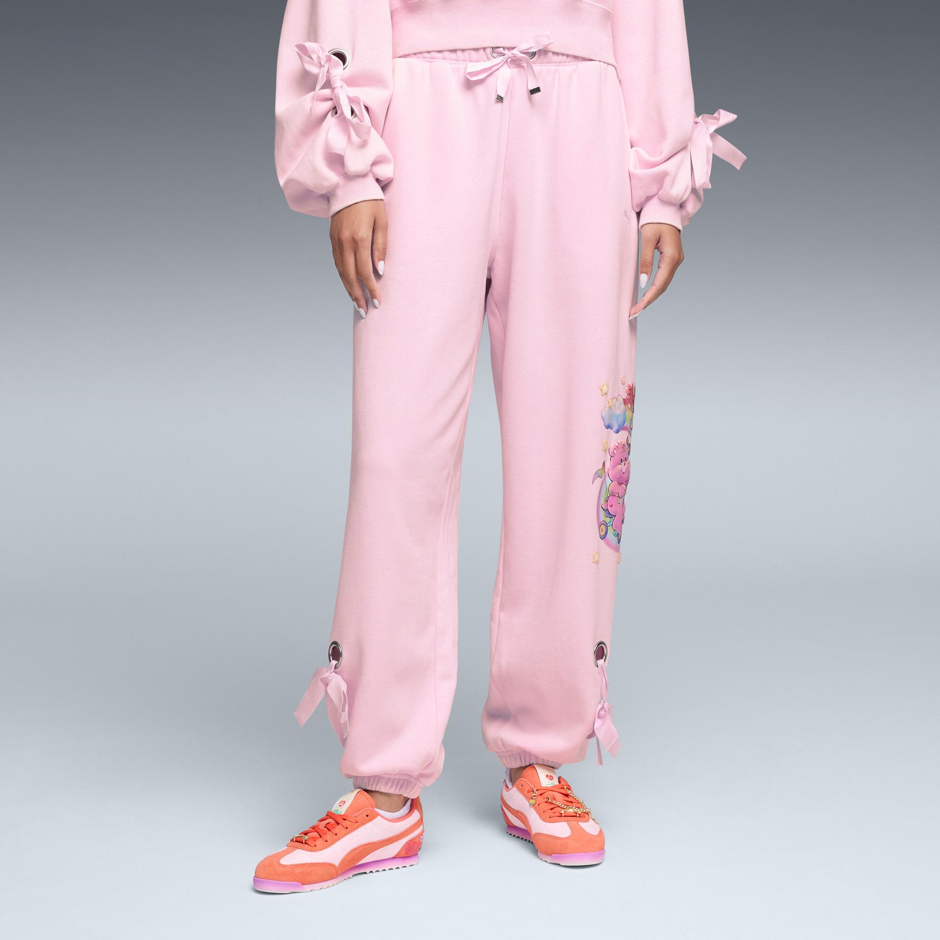 puma x care bears x sesame street women's relaxed fleece pants in pink, size xs