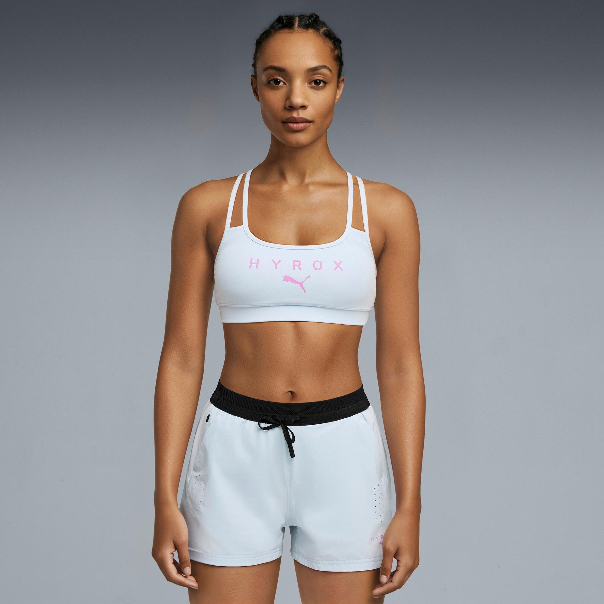 puma x hyrox move women's moisture wicking, low impact sports bra in grey, size m