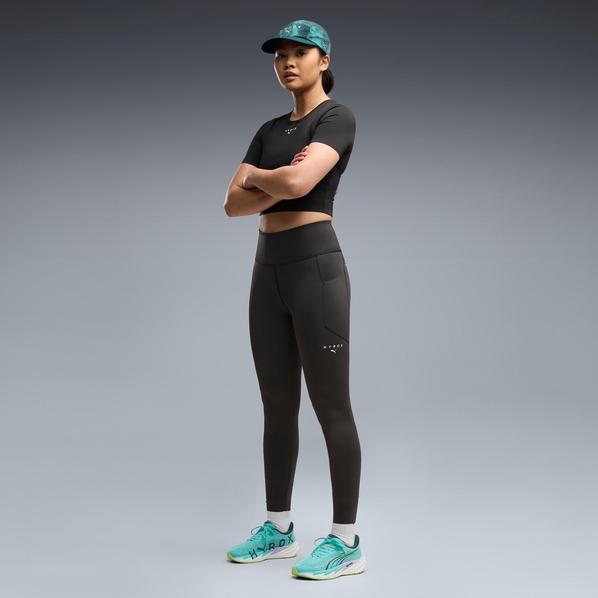 puma x hyrox pwrmode women's 7/8 tights in black, size s