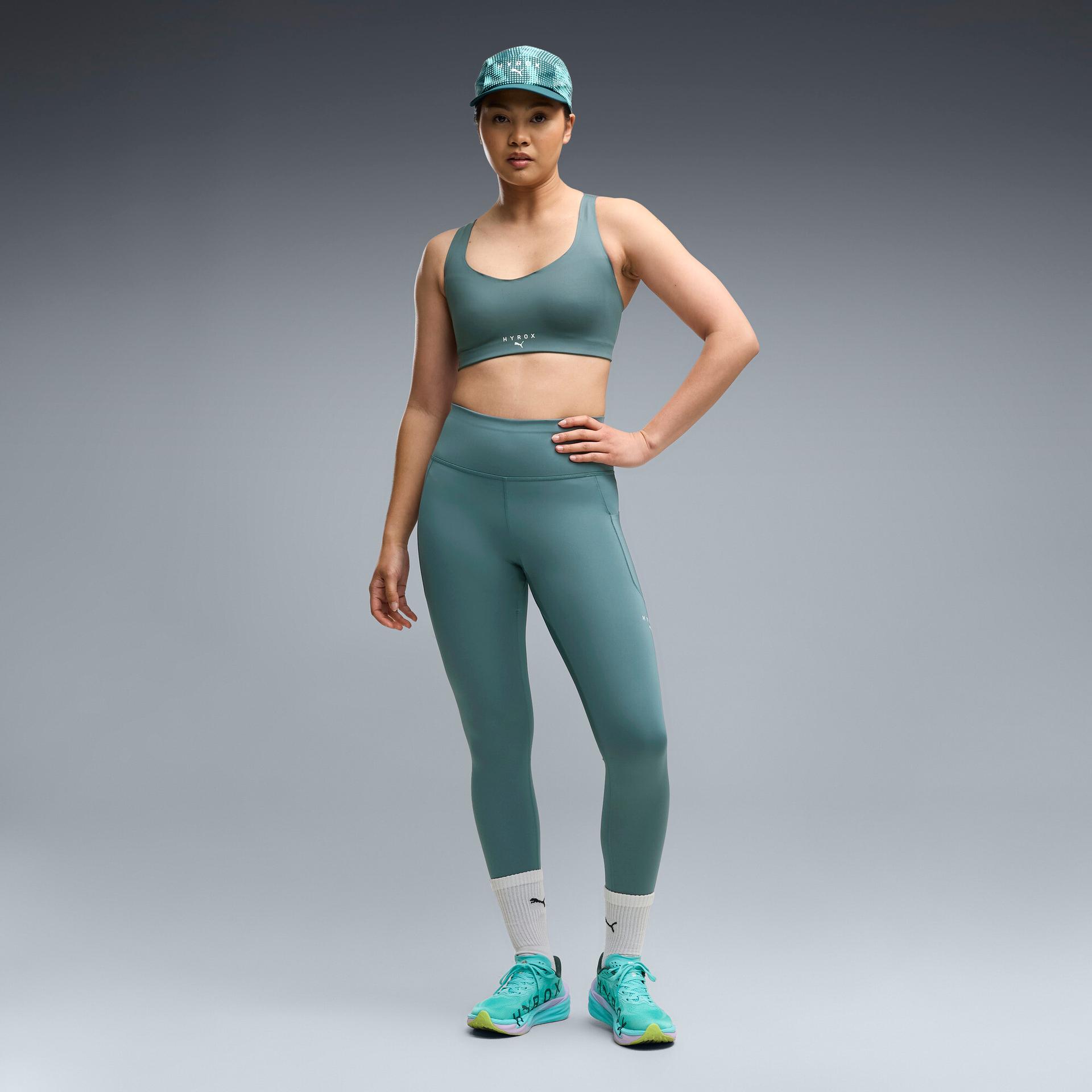puma x hyrox pwrmode women's 7/8 tights in green, size xl