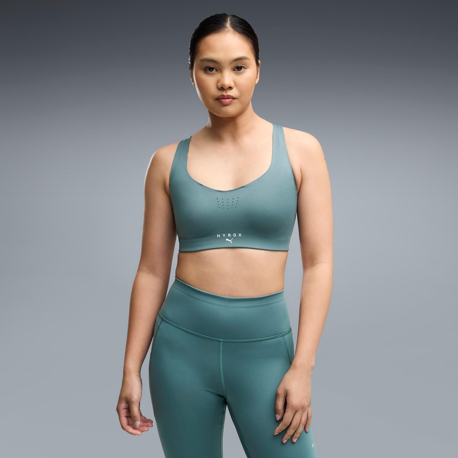puma x hyrox pwrmode women's high impact sports bra in green, size xl