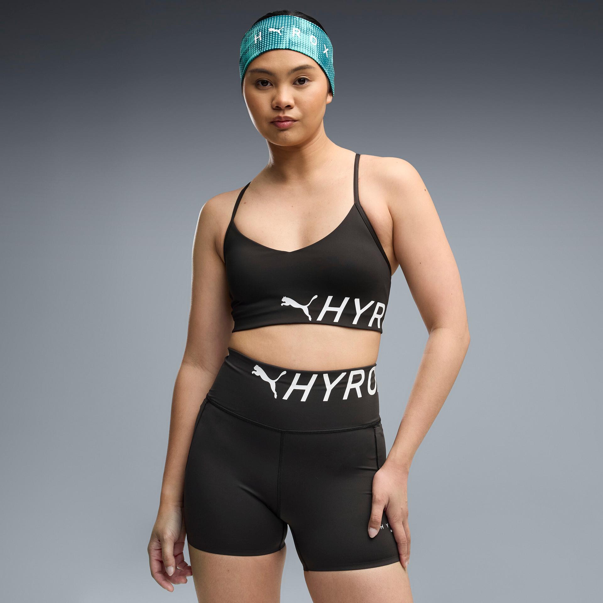 puma x hyrox pwrmode women's strappy sports bra in black, size l