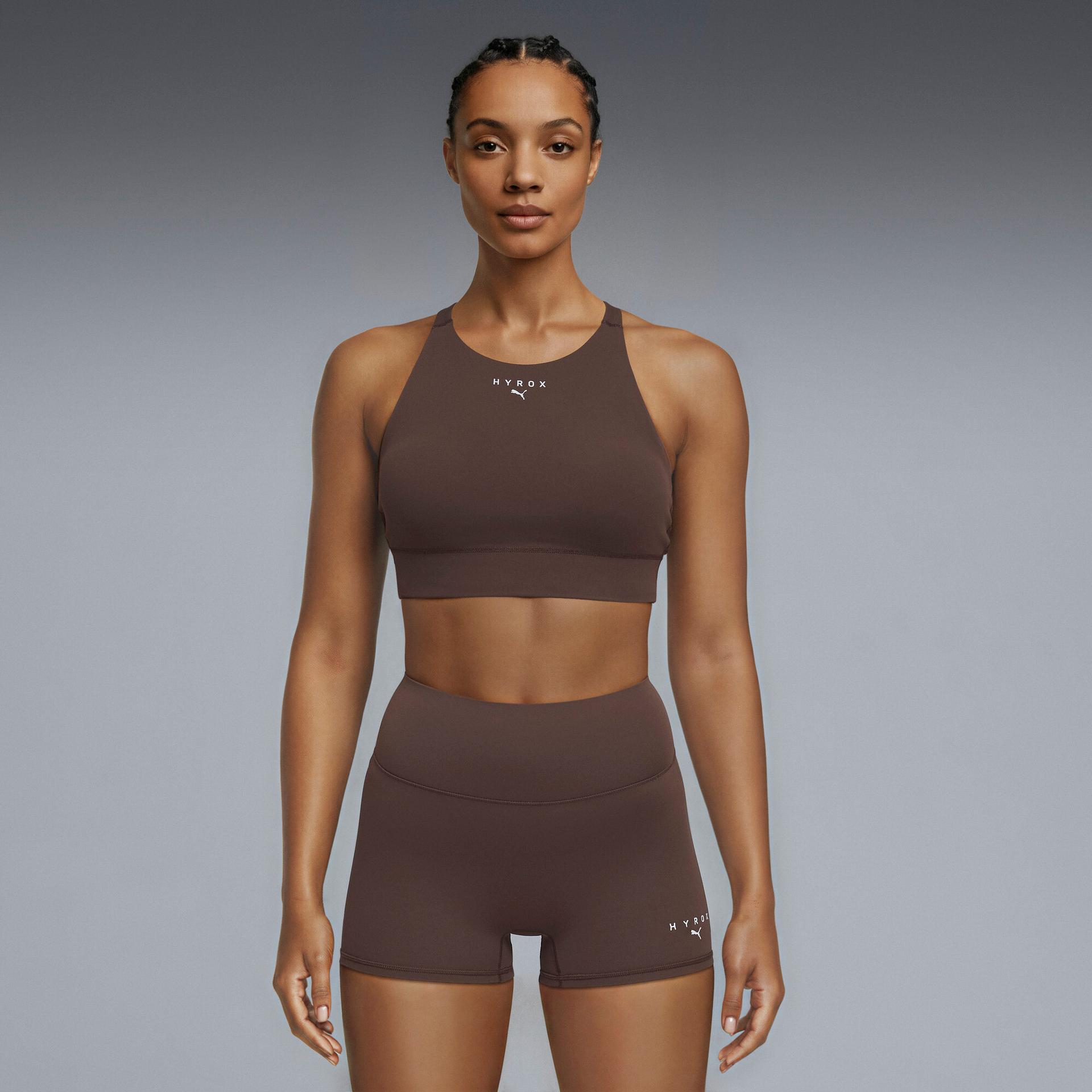 puma x hyrox shapeluxe high neck women's moisture wicking, mid impact sports bra in brown, size xs