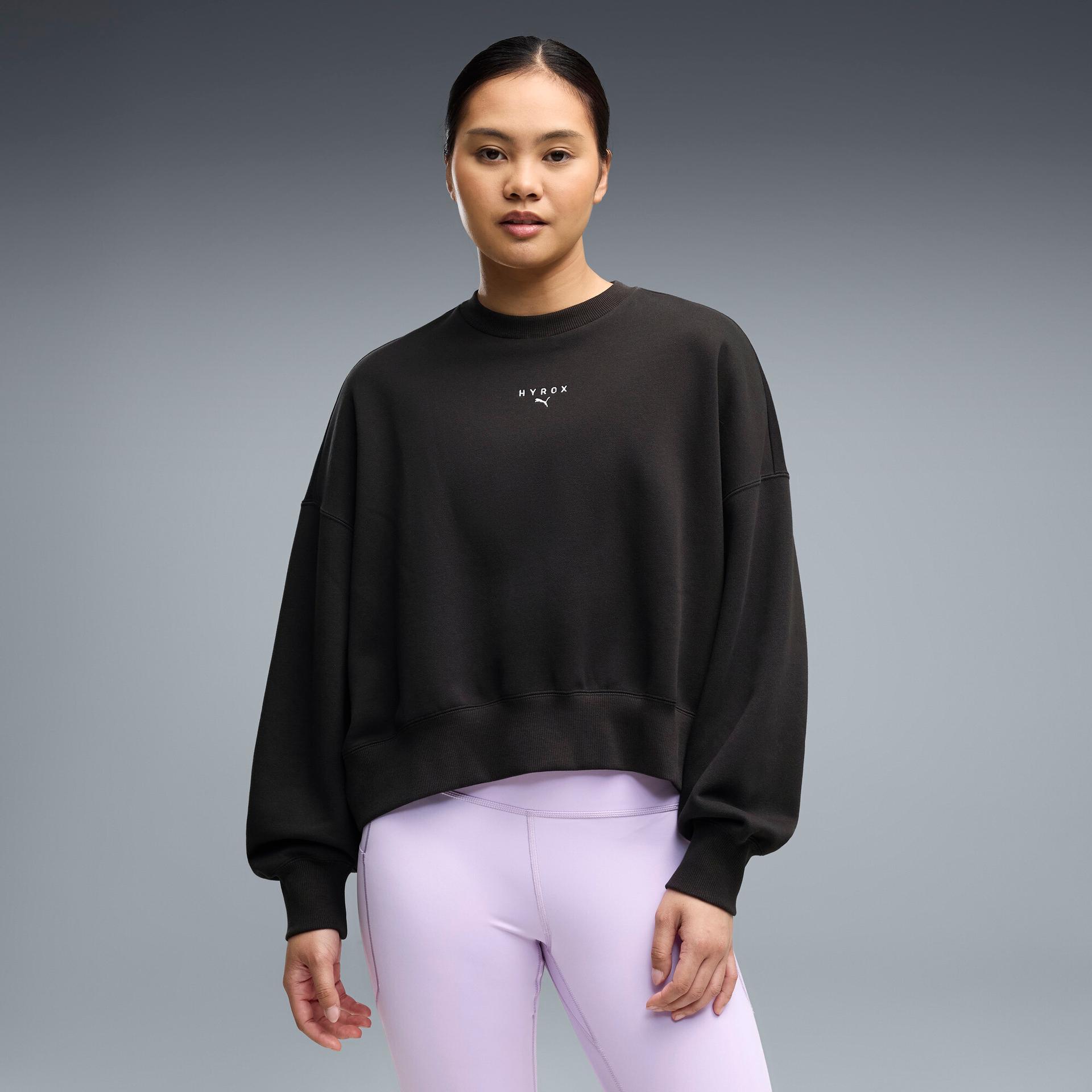 puma x hyrox women's heavyweight crew sweatshirt in black, size m