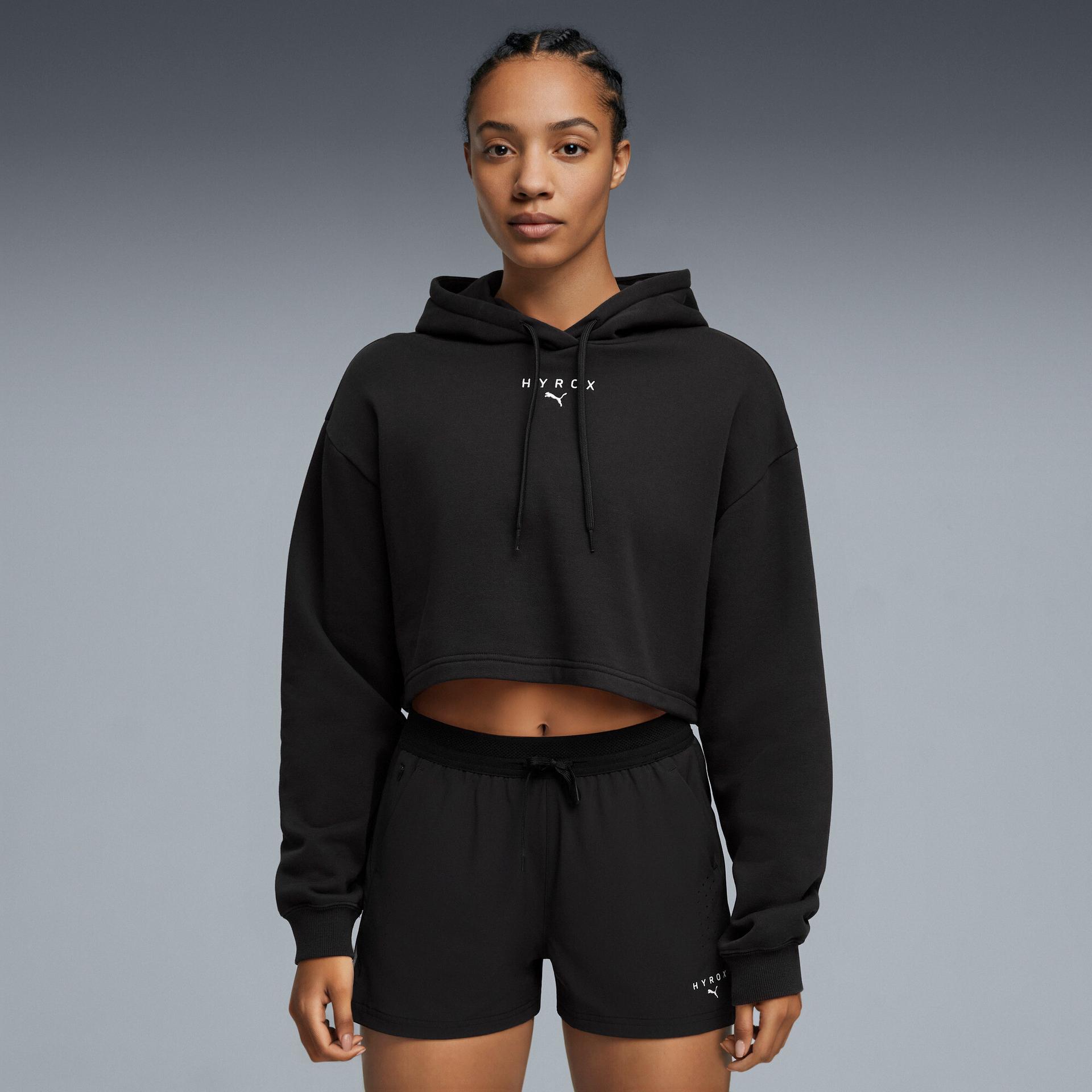 puma x hyrox women's heavyweight hoodie shoes in black, size xl