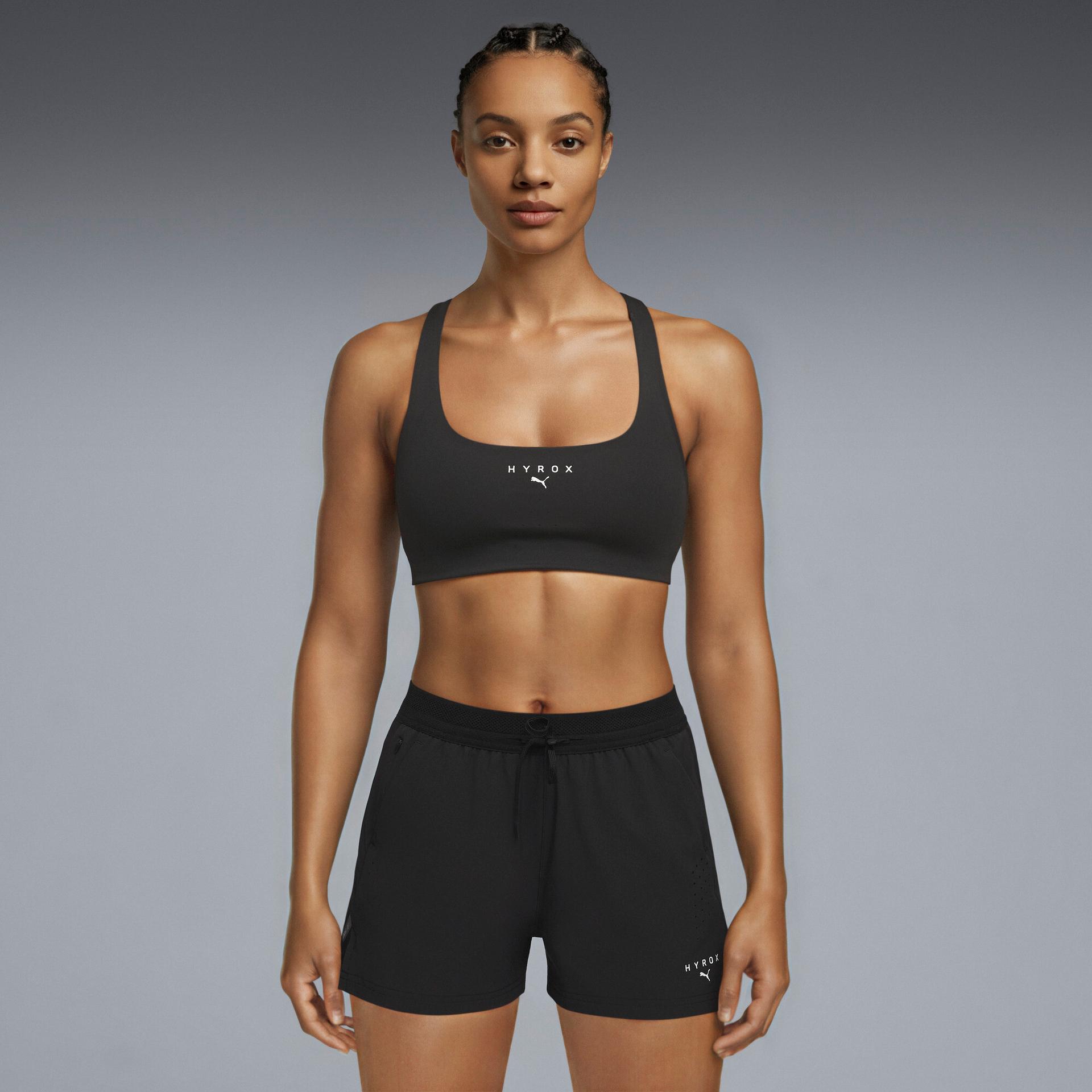 puma x hyrox women's moisture wicking, low impact sports bra in black, size xxs