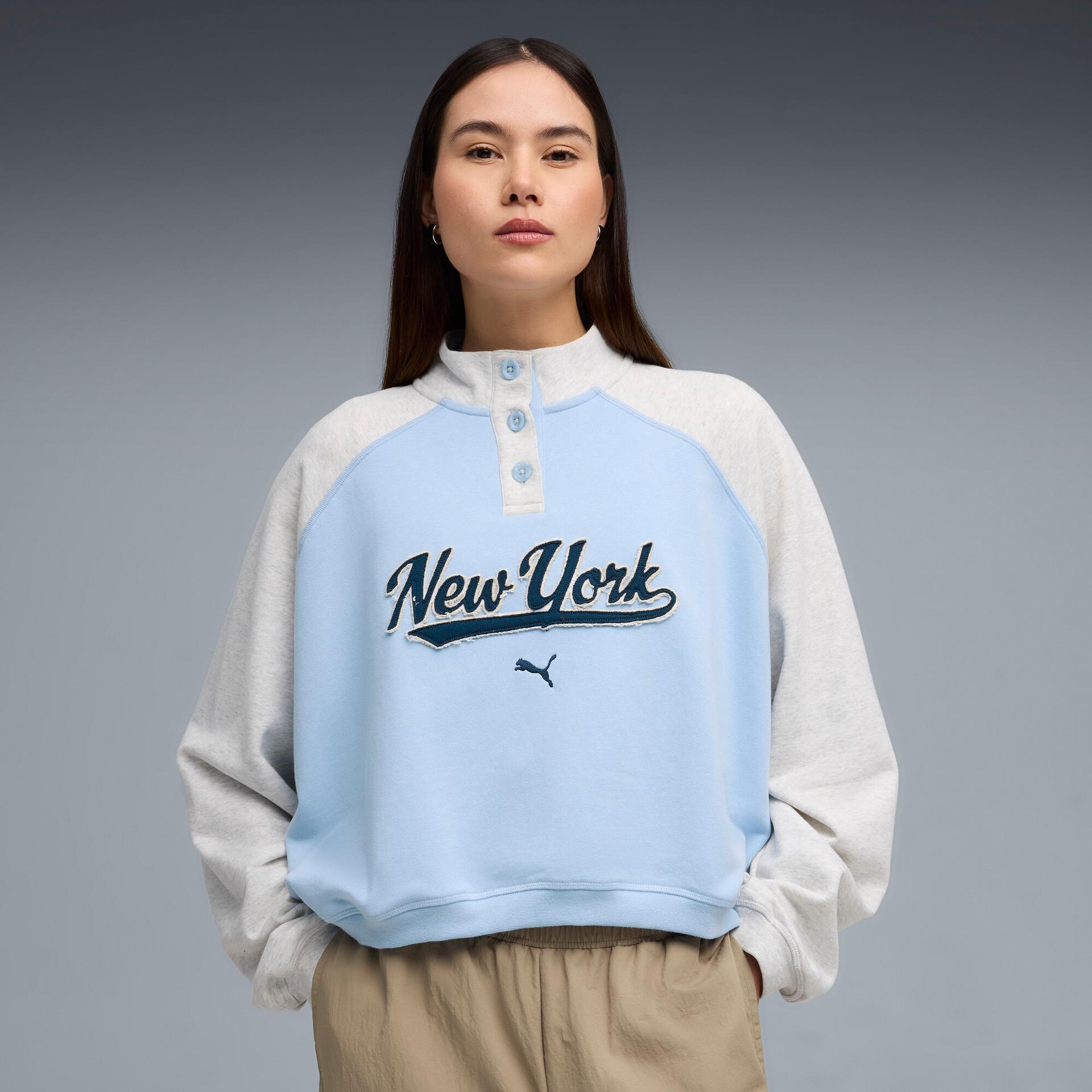 puma x nyc women's crew neck sweatshirt in blue, size l