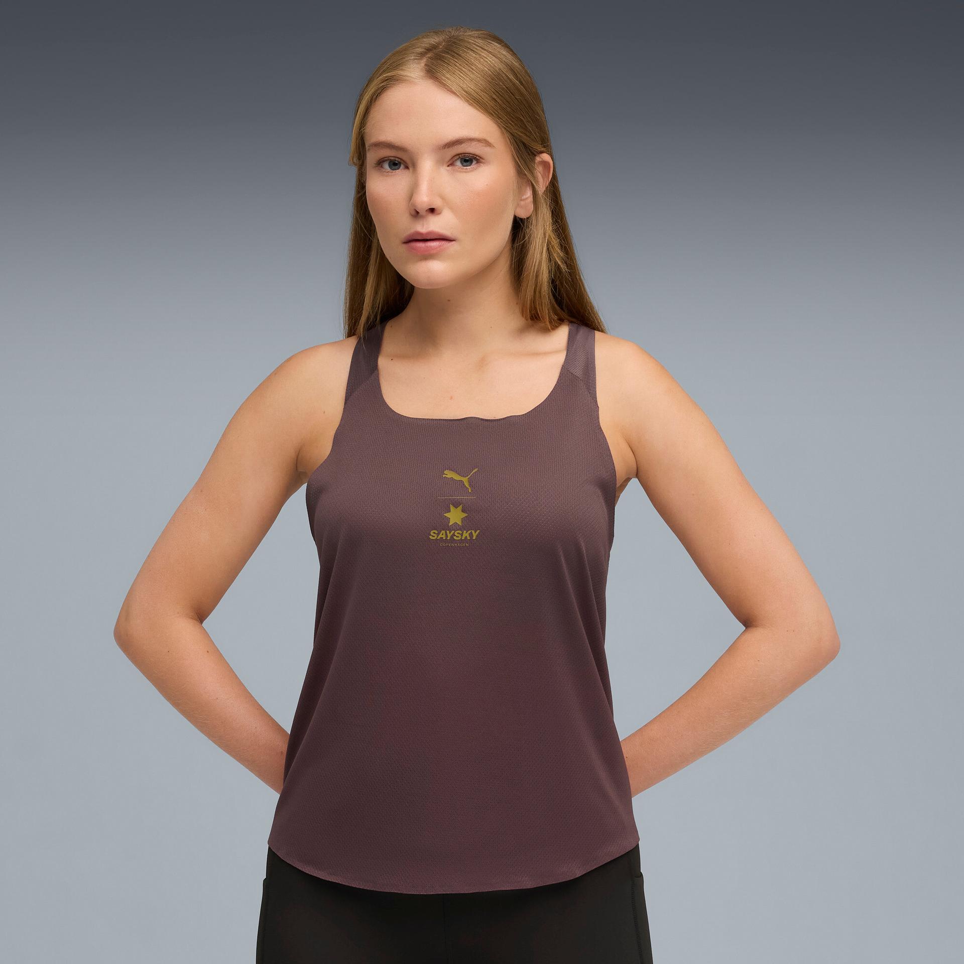 puma x saysky women's moisture wicking running singlet in purple, size m