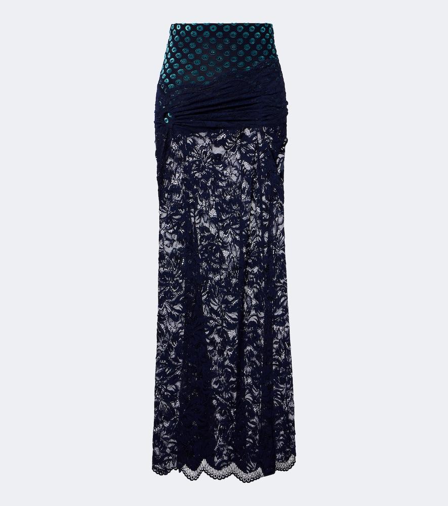 rabanne gathered lace and velvet maxi skirt
