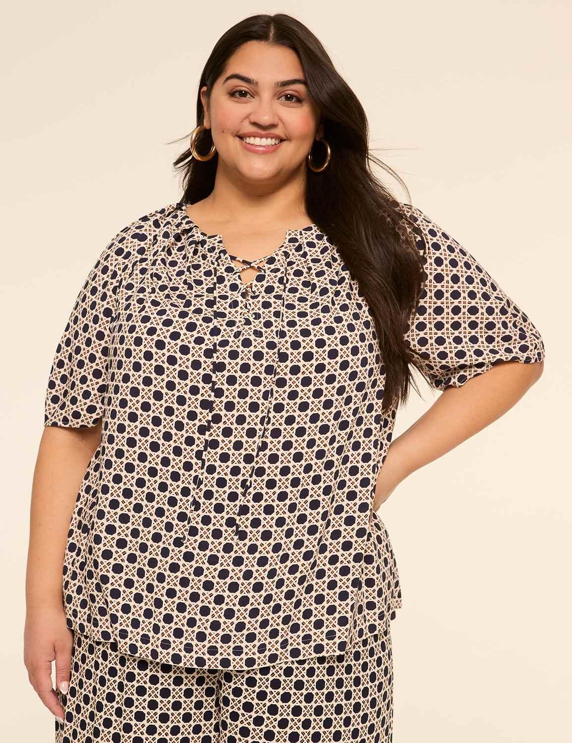 raglan sleeve lace-up popover blouse