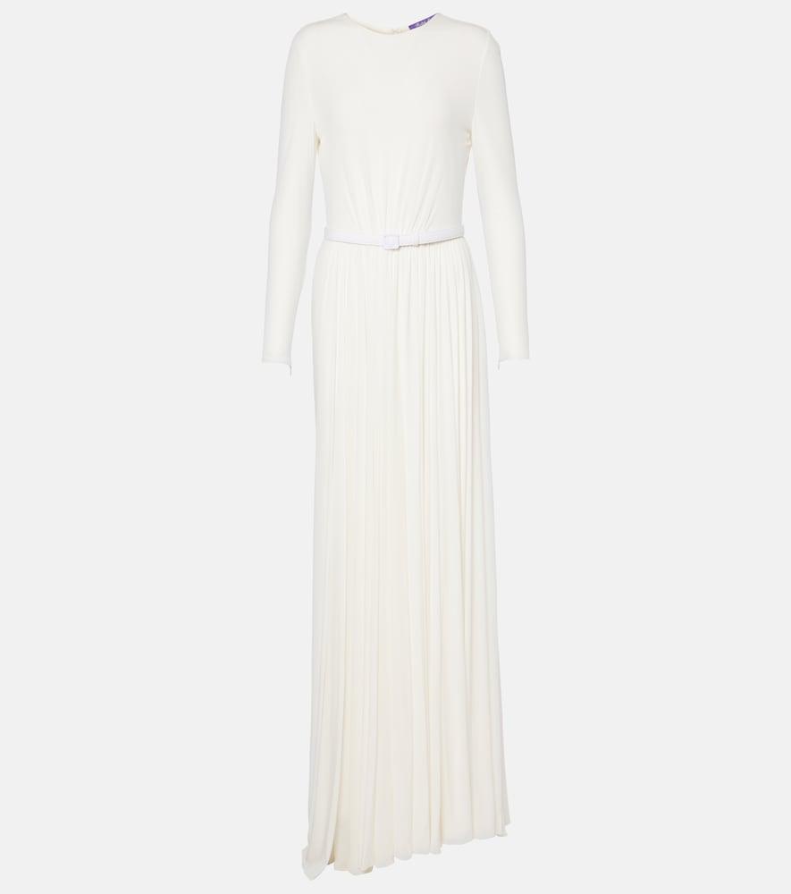 ralph lauren collection shirred leather-trimmed maxi dress