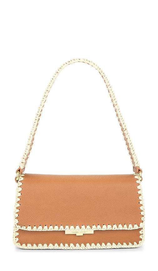 rebecca minkoff berkley flap shoulder w/ raffia in cognac.