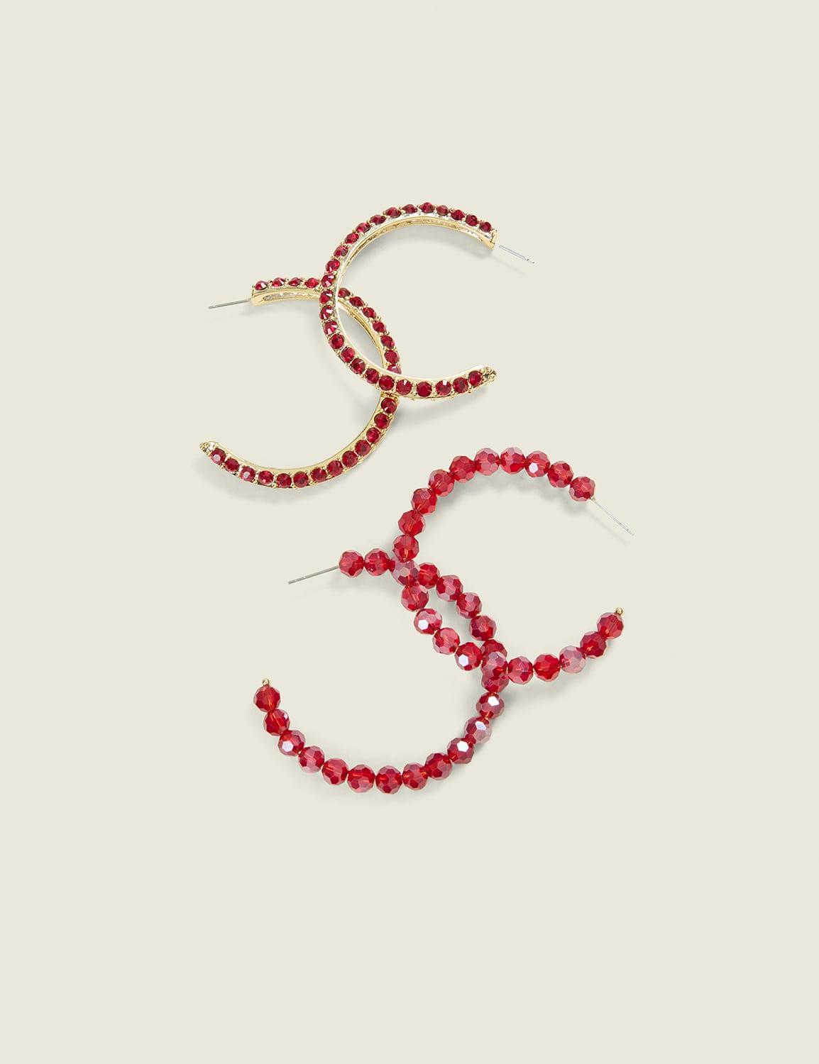 red pave & beaded hoop earring 2-pack