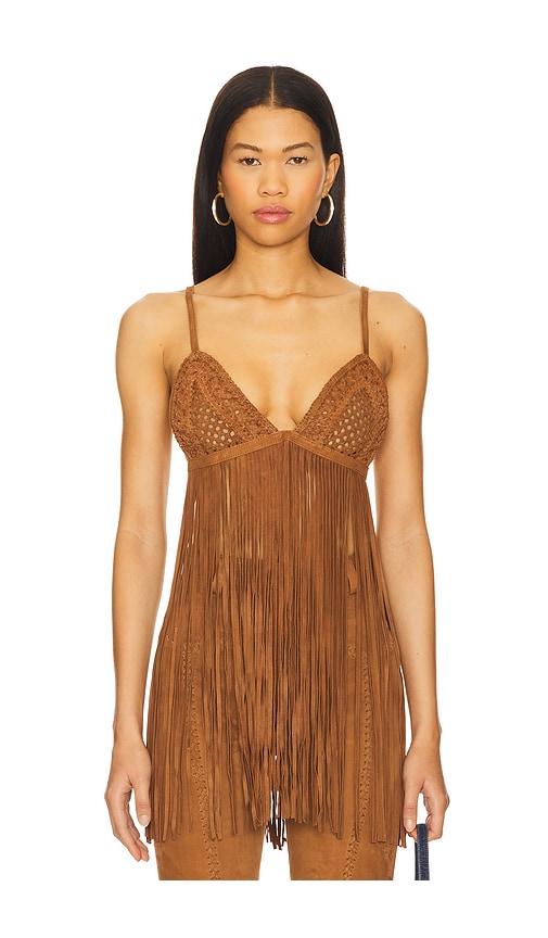 retrofete jacinta suede fringe bra in cognac. - size l (also in xs, s, m)