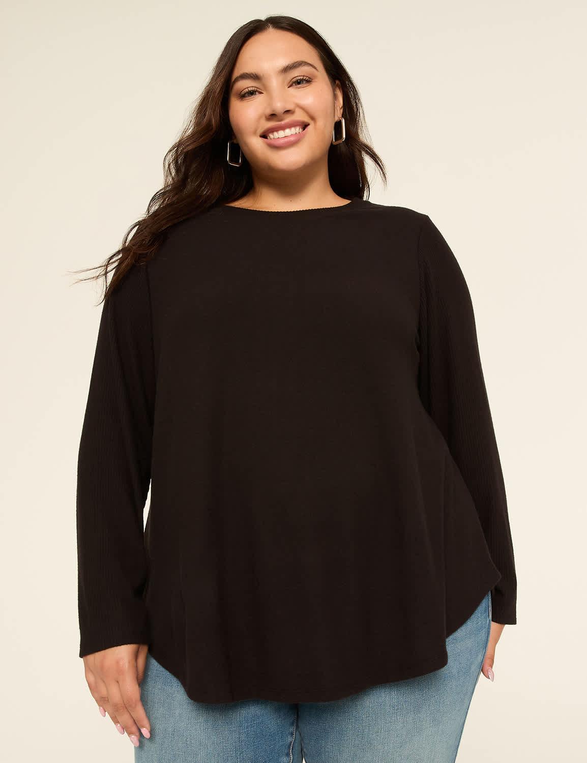 rib-sleeve curved-hem top